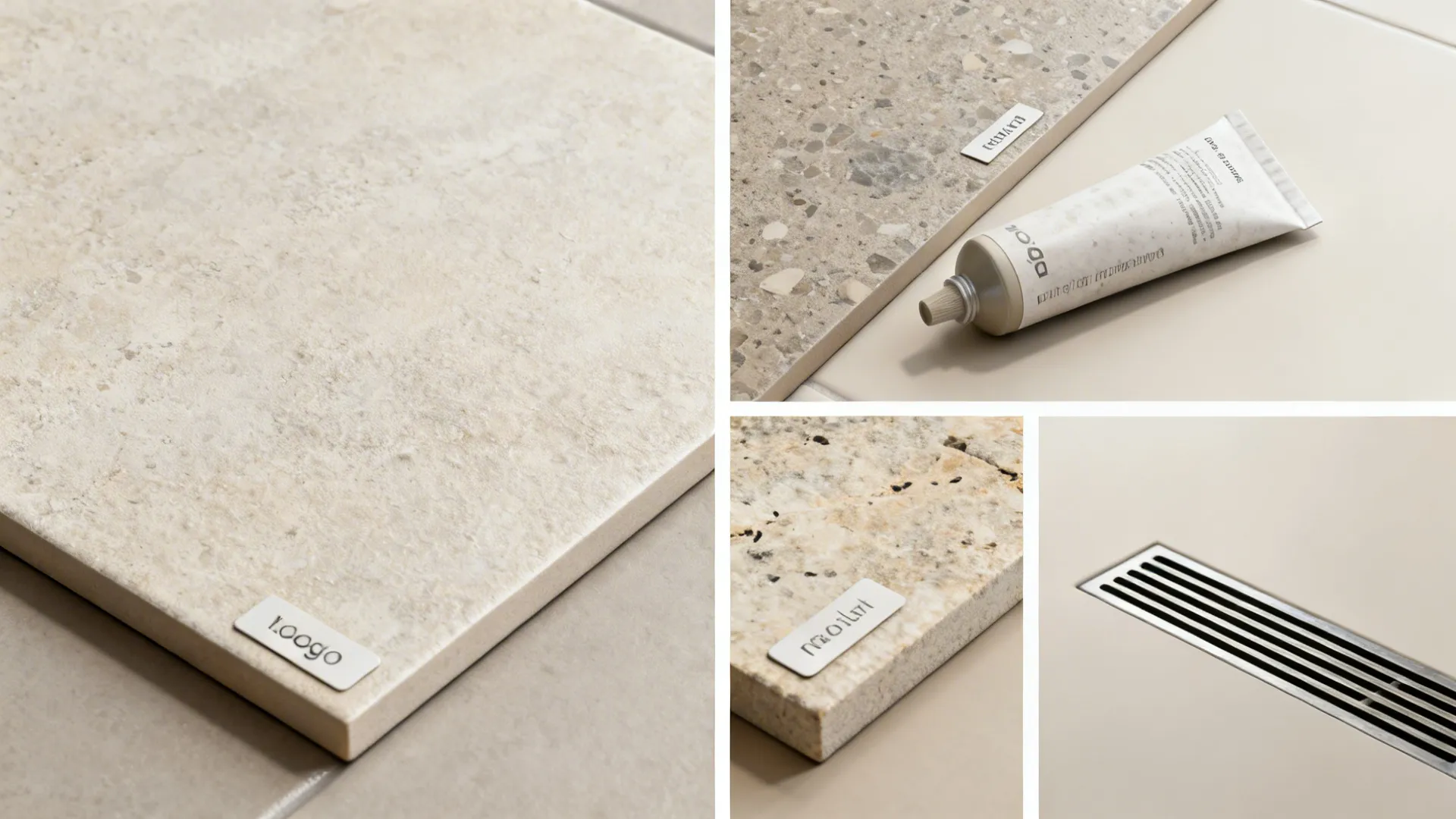 Close-up collage of porcelain, ceramic and stone tile samples with grout and drain parts.