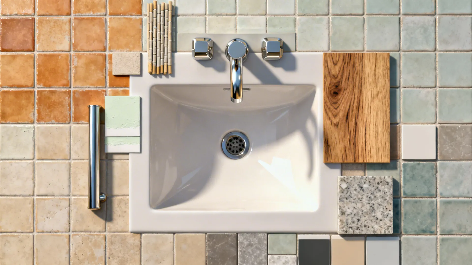 Flat lay of zellige tiles, grout, wall-mount faucet trim, limewash, oak, and quartz samples.