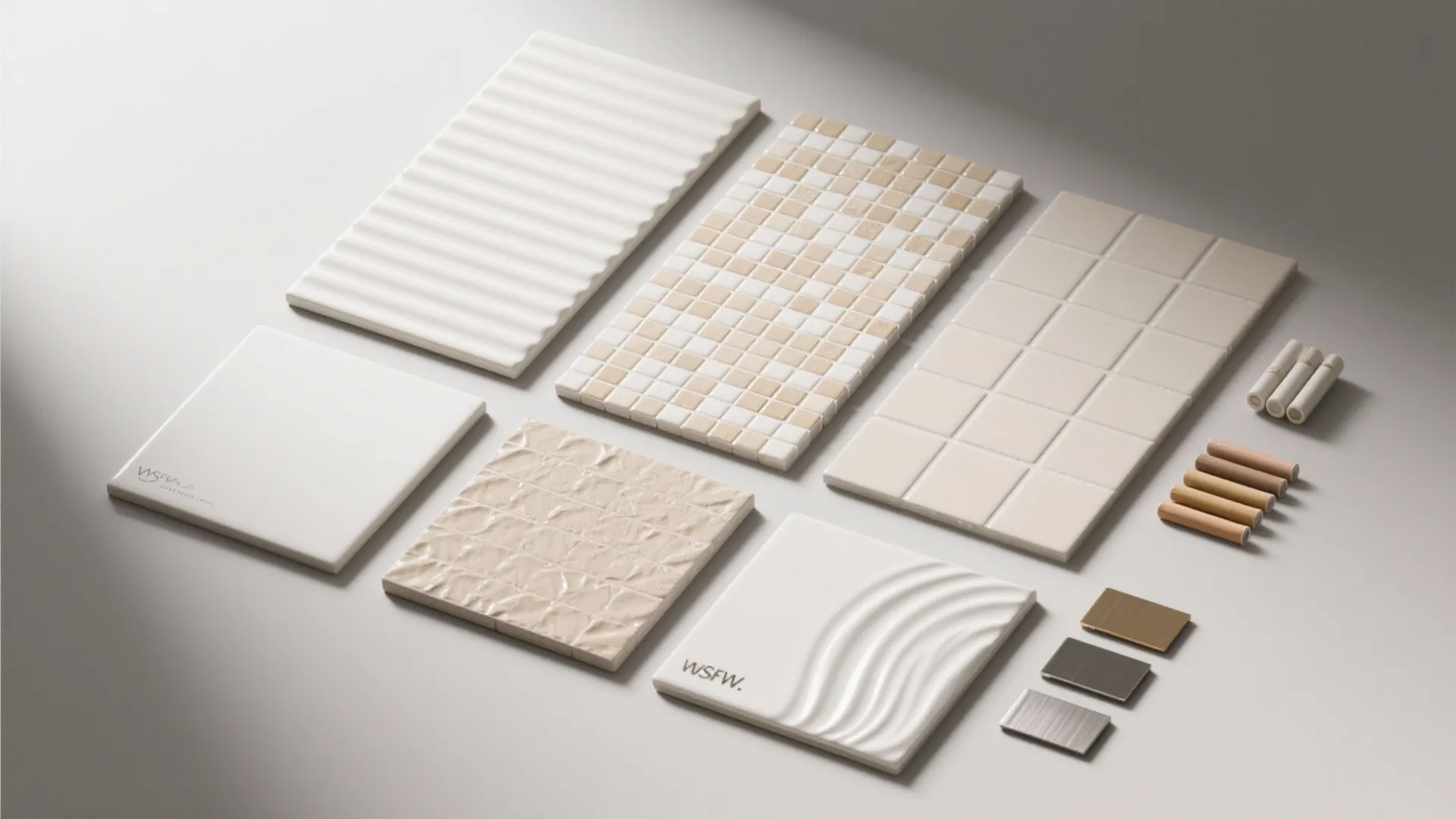 Flatlay of ribbed ceramic, textured mosaic, matte porcelain, and epoxy grout samples.