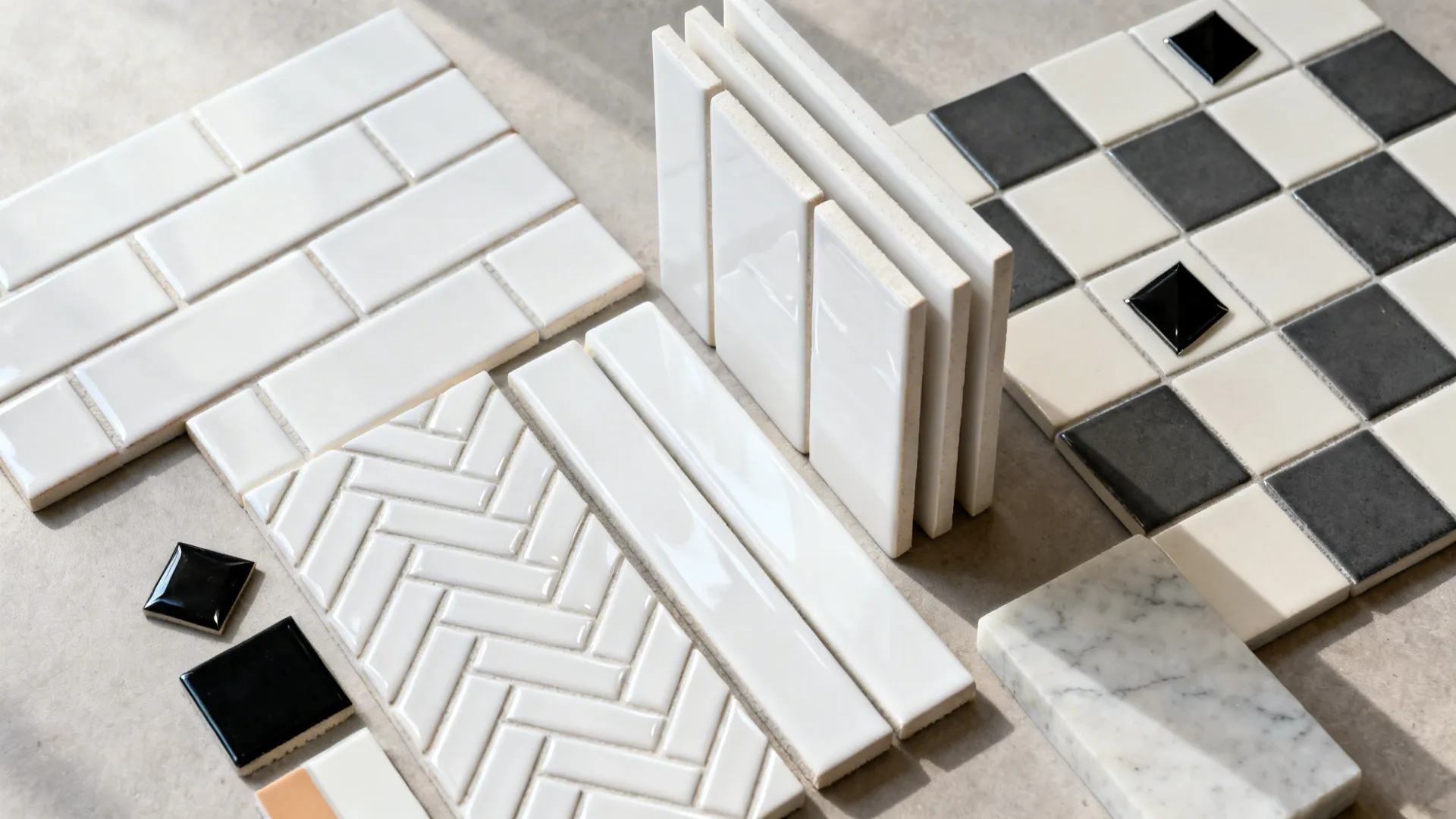Flatlay of black and white kitchen tiles, grout swatches, and quartz sample