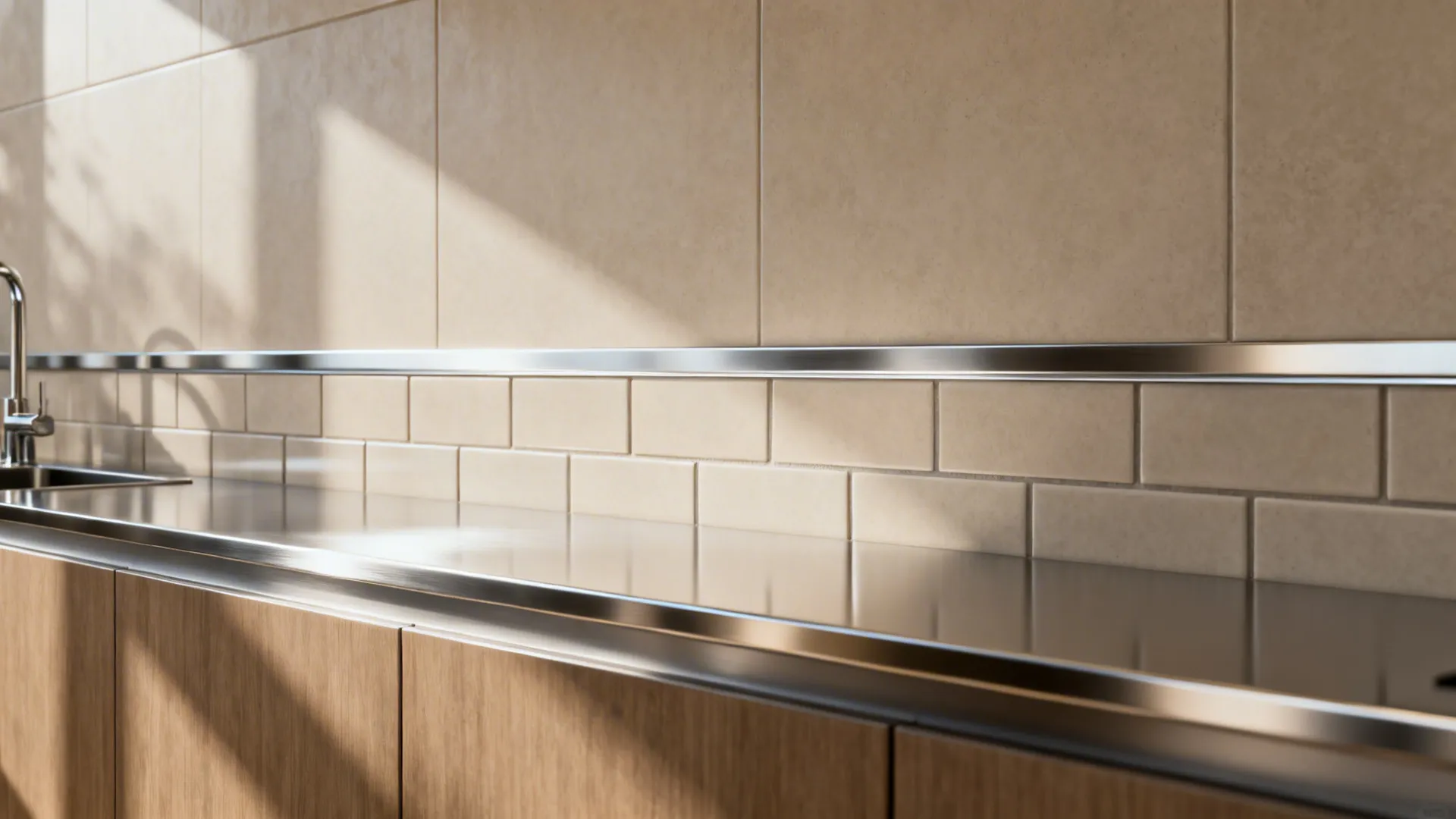 Subway tile meeting a thin stainless-steel trim above a countertop, showing precise joint