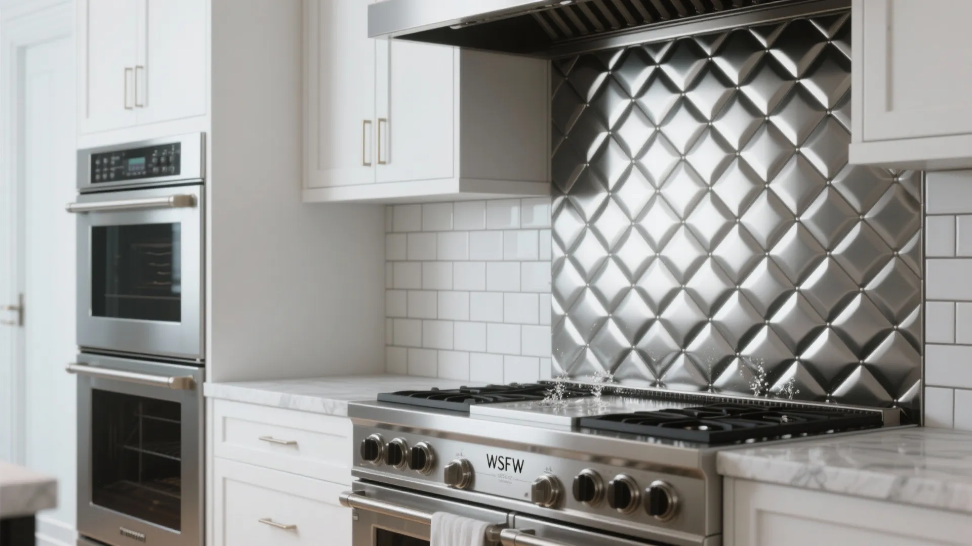 Grease-resistant wall with white subway tile, dark grout, and stainless steel accents near the oven.