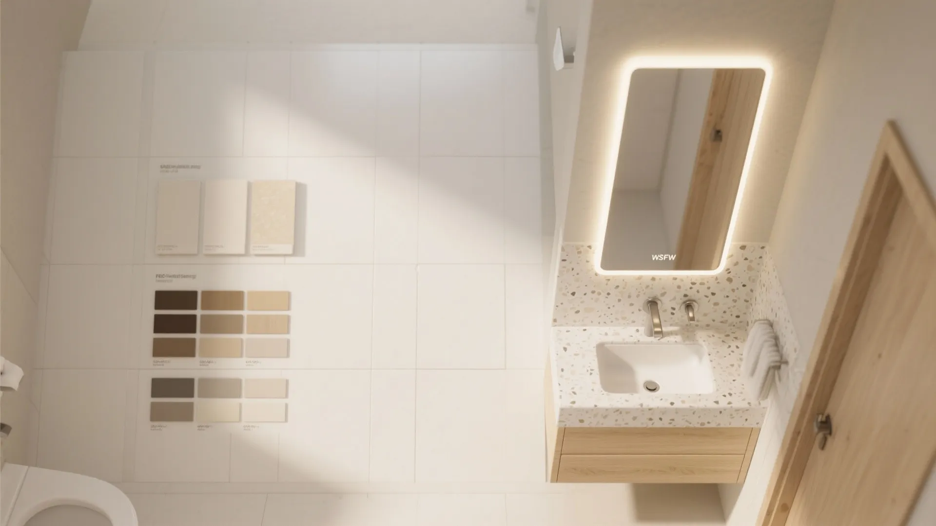 Top view of bathroom interior design with wood cabinet white sink lighted mirror and tiles