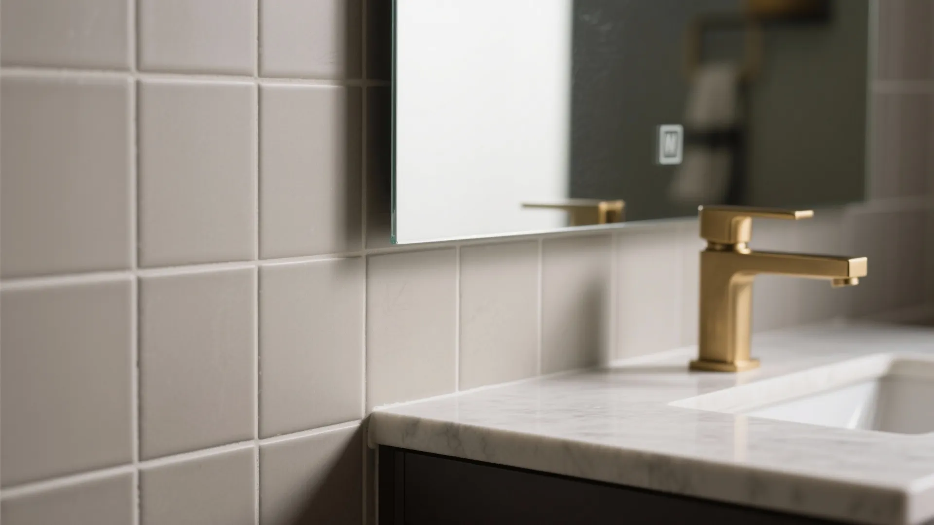 Close up of gold tap on white marble counter with grey wall tiles and mirror