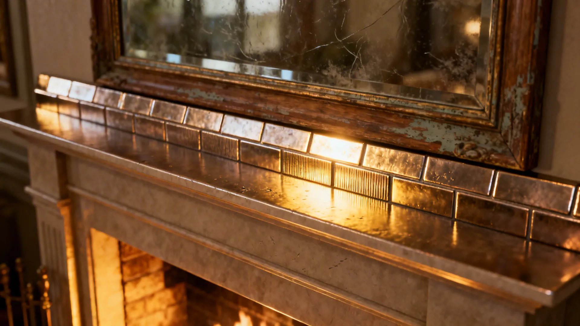 Textured metallic tile band above a mantel reflecting warm light from the fireplace.