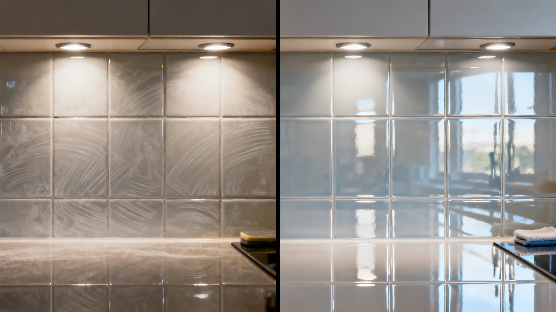 Before-and-after glossy backsplash showing hazy etching versus a clear, polished finish.