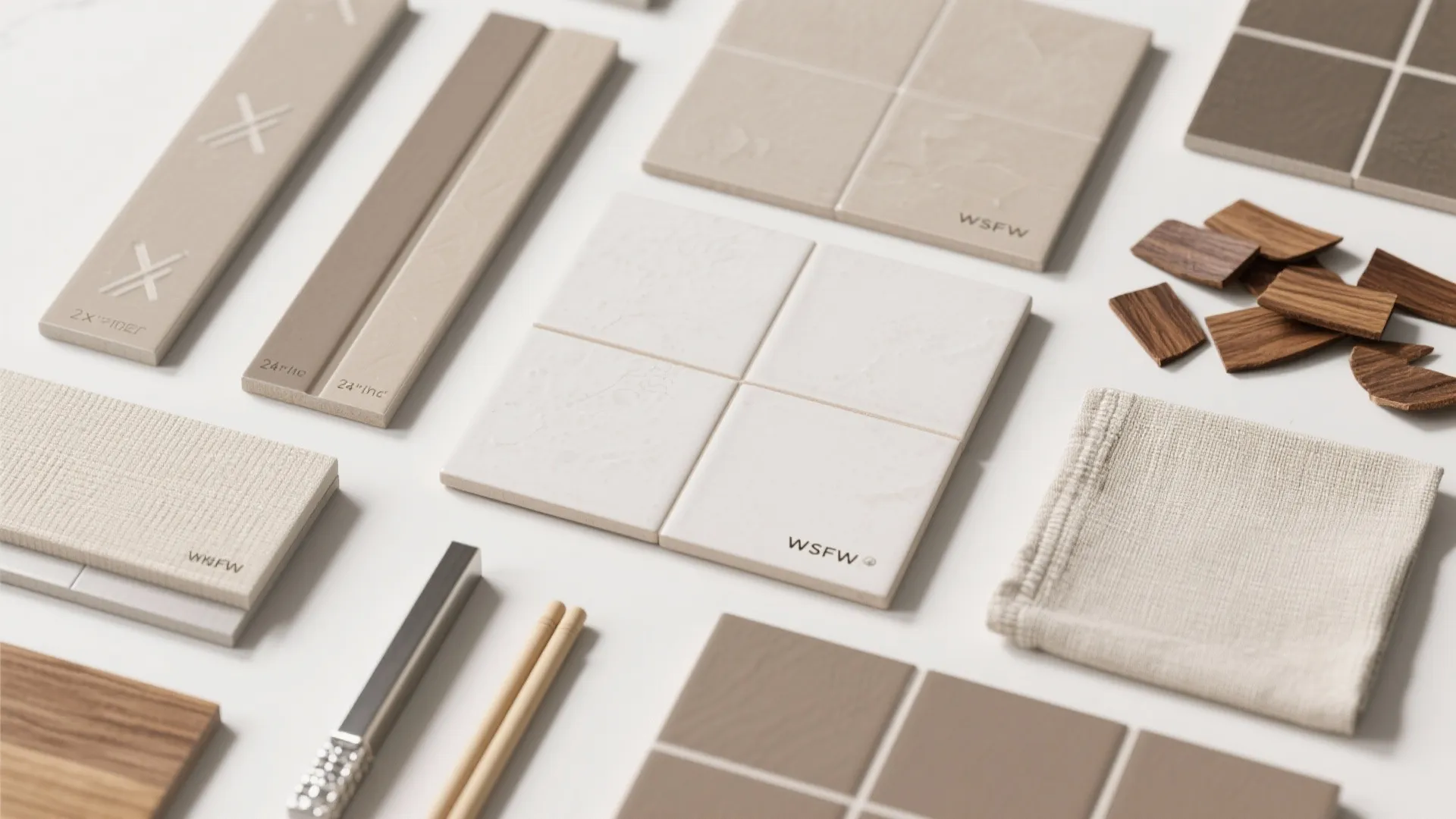 Interior design material samples including square tiles wood pieces and fabric cloth on white surface