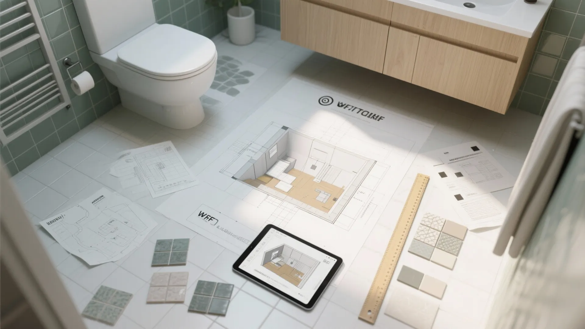 Interior design drawing on bathroom floor with toilet wooden cabinet tablet ruler and square tiles