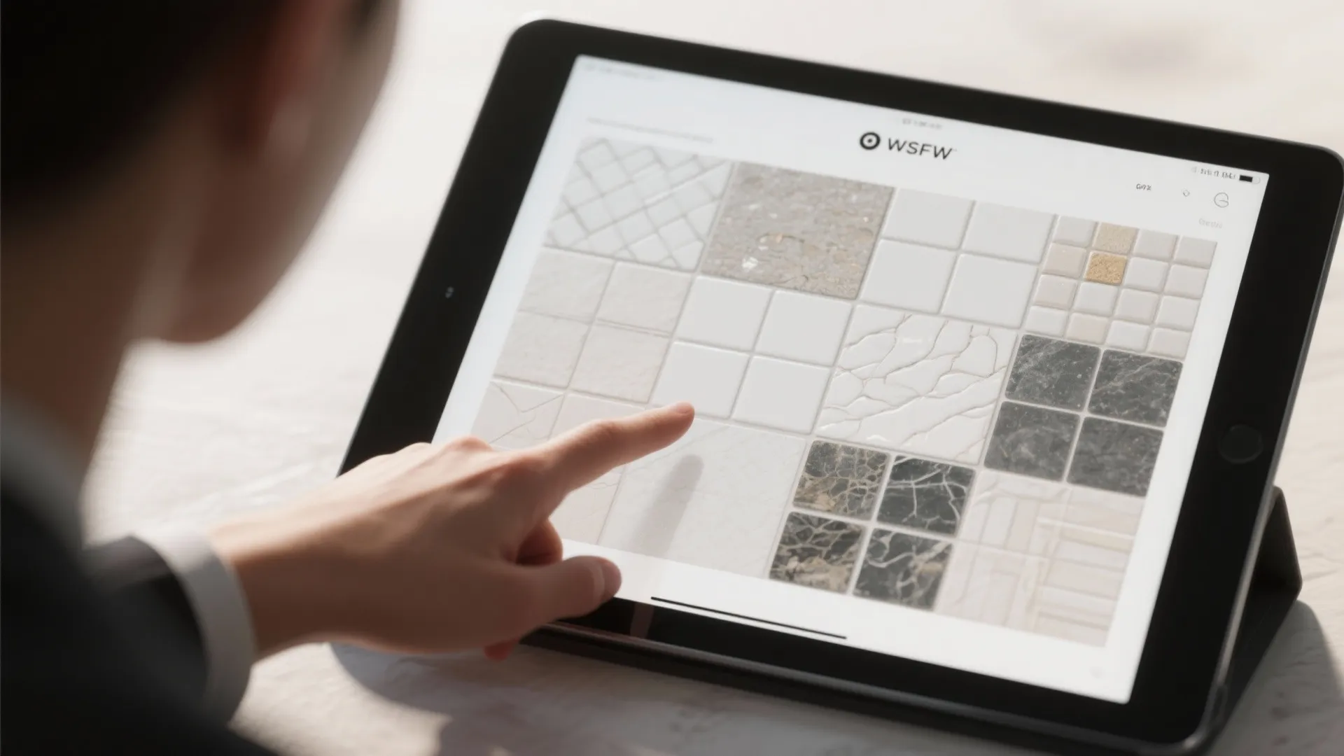 Person using a tablet computer to select different wall tile patterns and textures for interior design