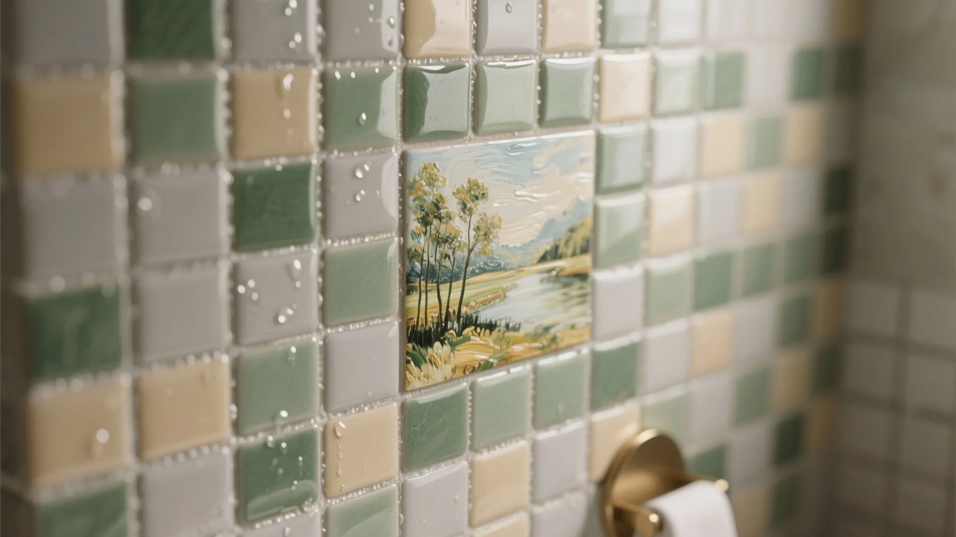 Close up of green and cream bathroom wall tiles with a decorative landscape painting tile