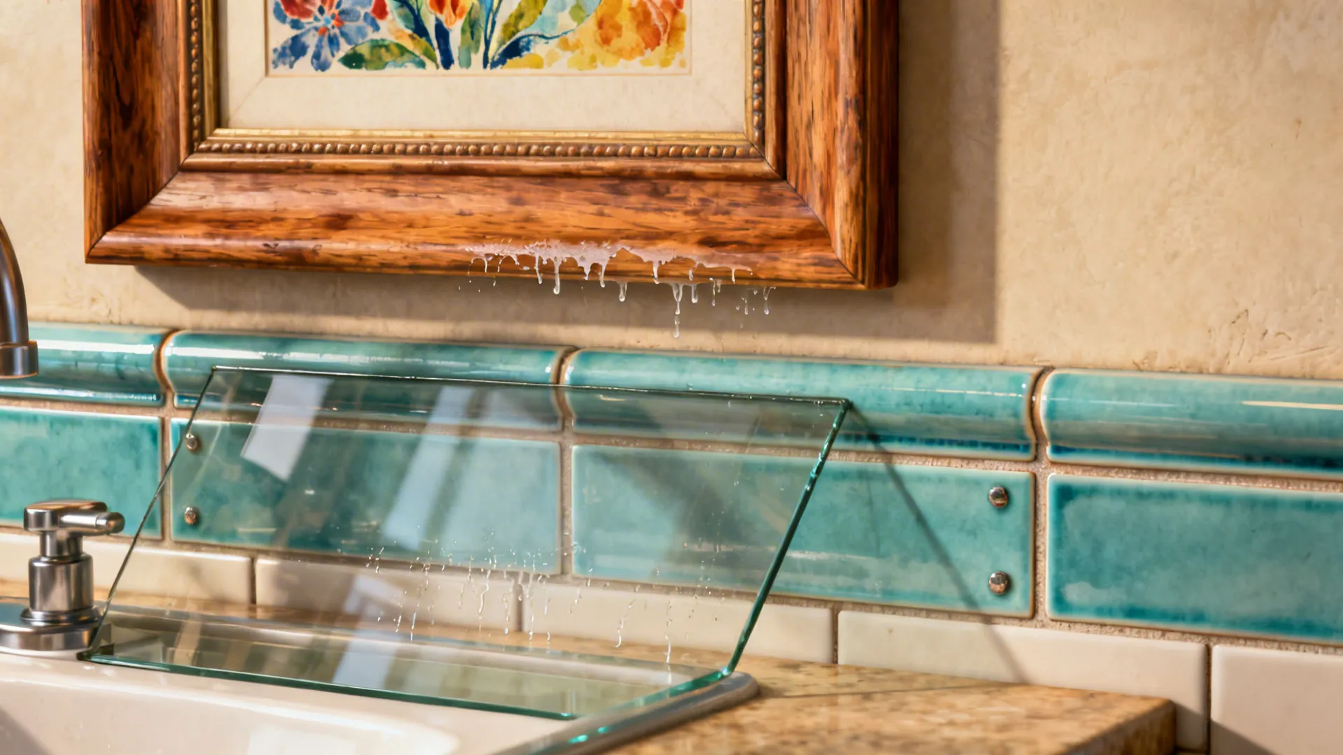 Framed washable artwork and sealed ceramic tile panel above sink as a focal point