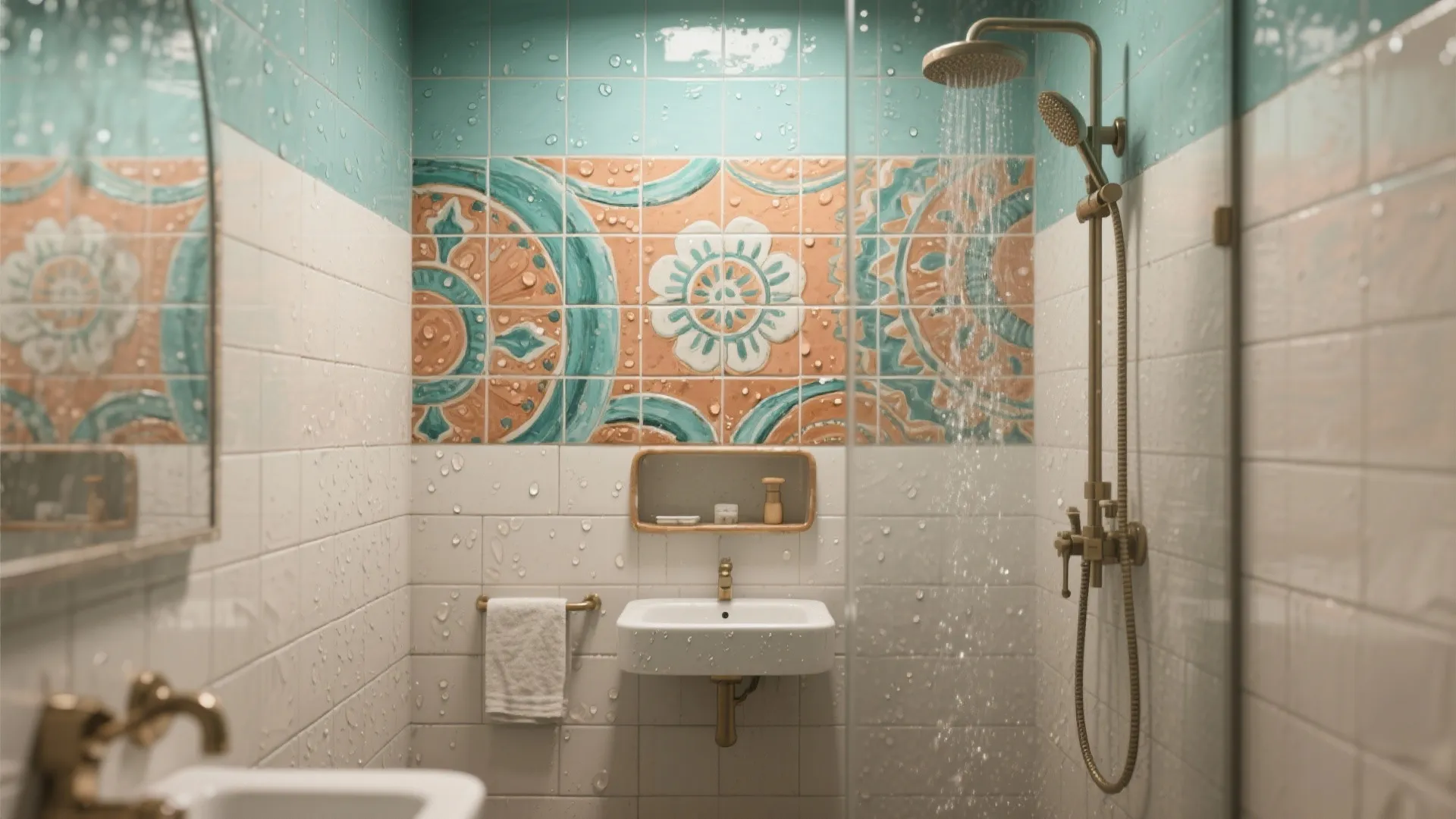 Modern bathroom with floral pattern wall tiles and gold shower head over a white sink