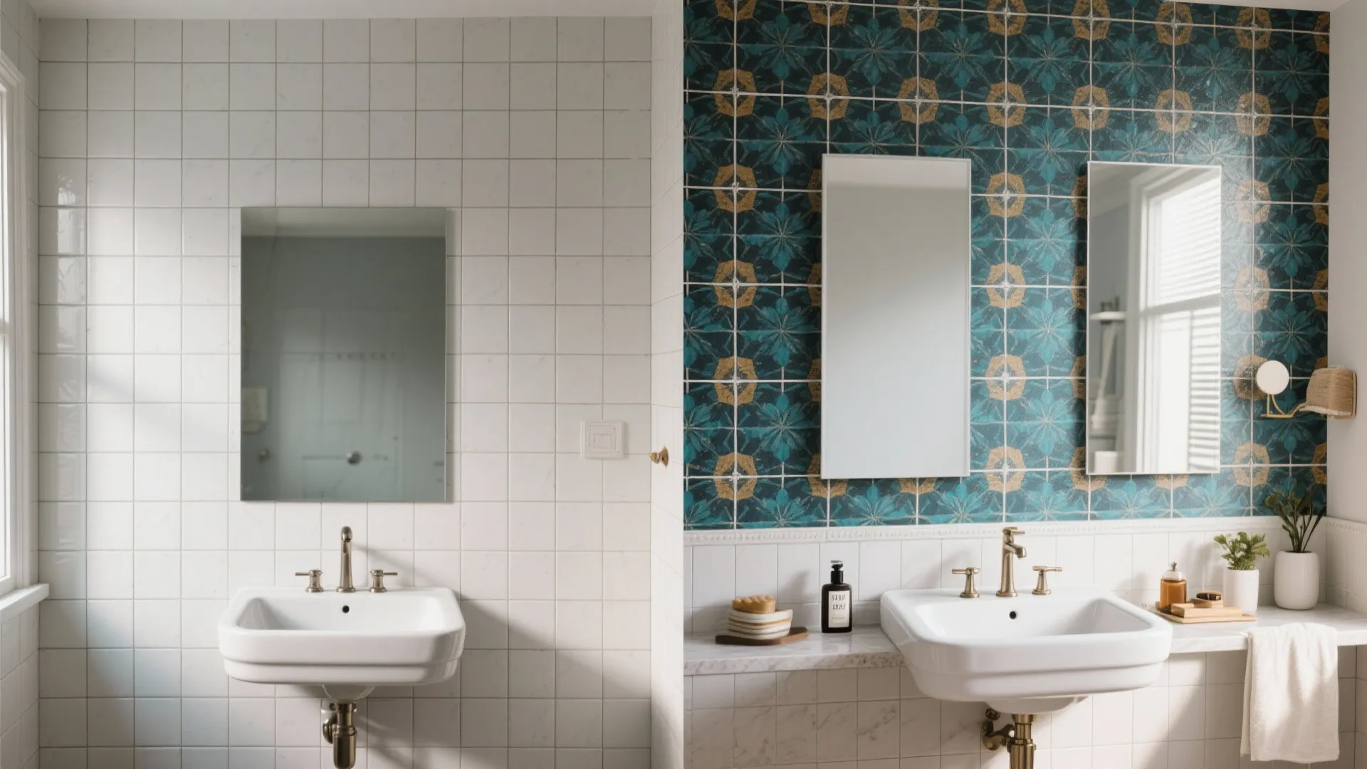 Before and after comparison showing plain white bathroom tiles versus colorful blue patterned wall tiles