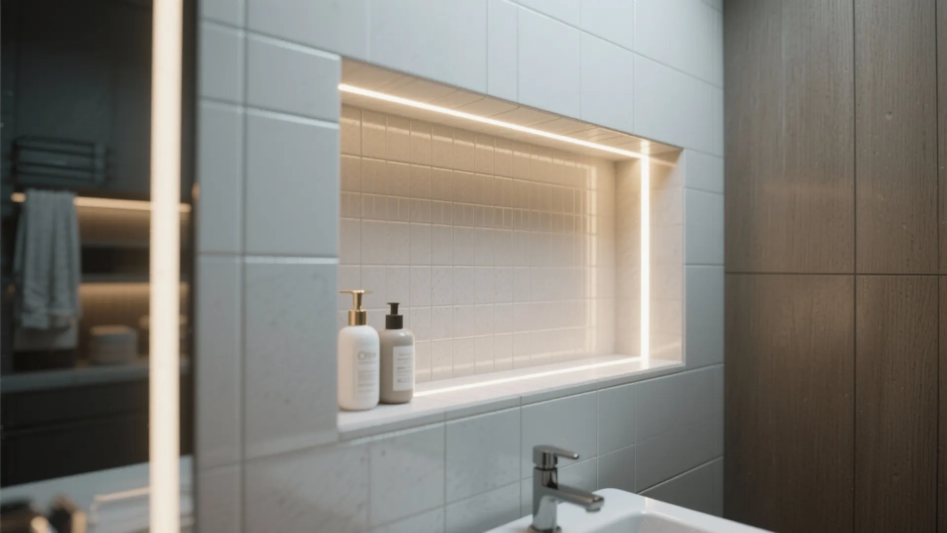 Smart storage in wet zones: raised plinths, niches, and corner shelves