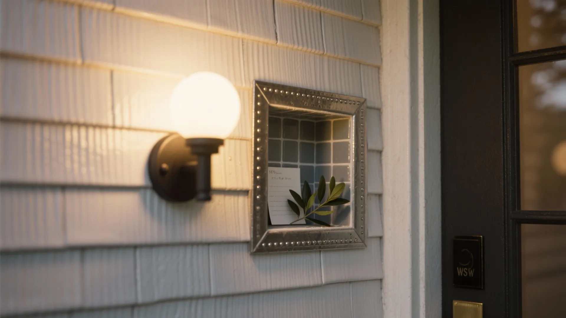 Wall light next to a small wall niche containing a green leaf and white note