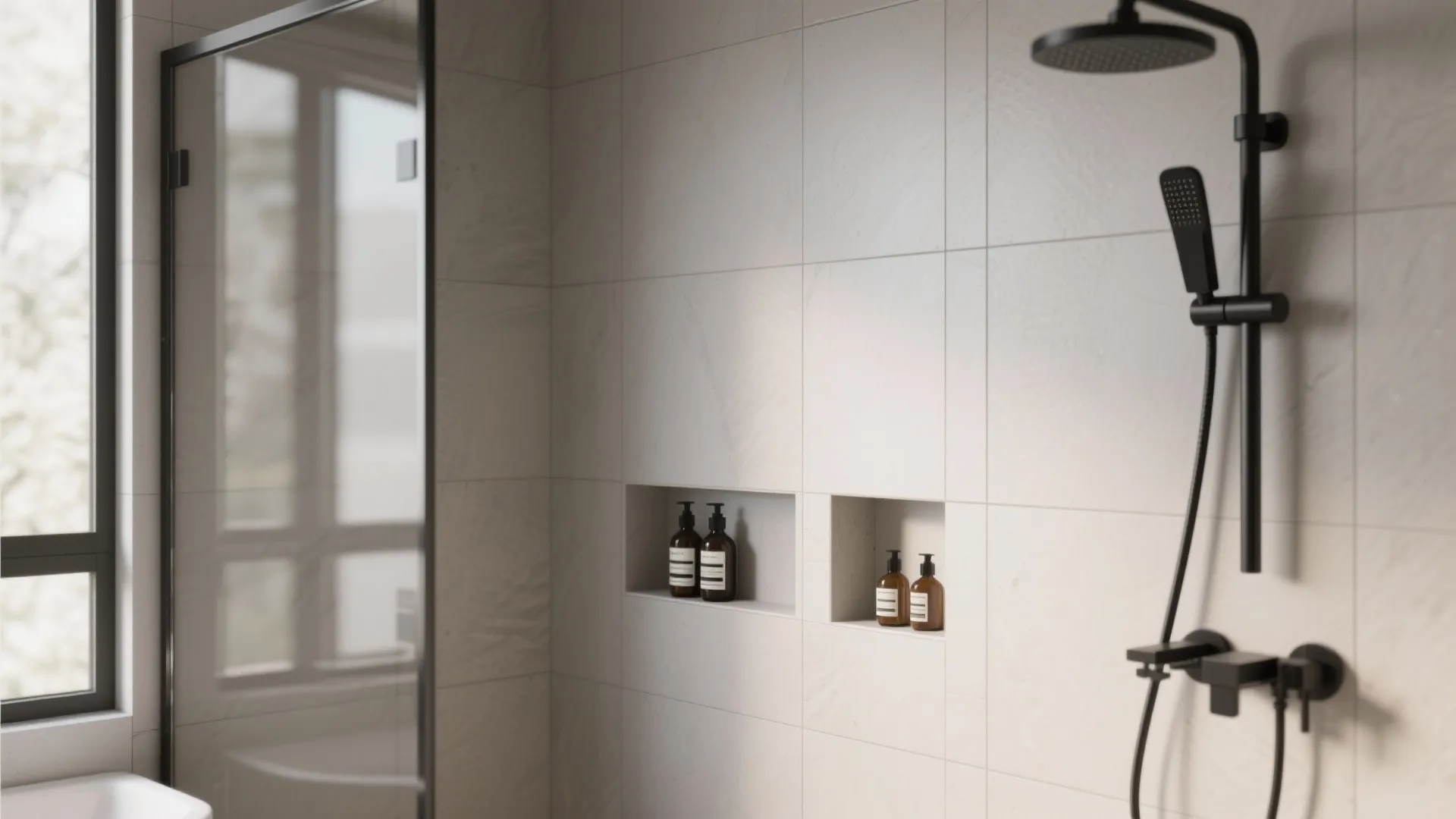 Modern shower with black light fixture and two wall niches holding brown glass soap bottles