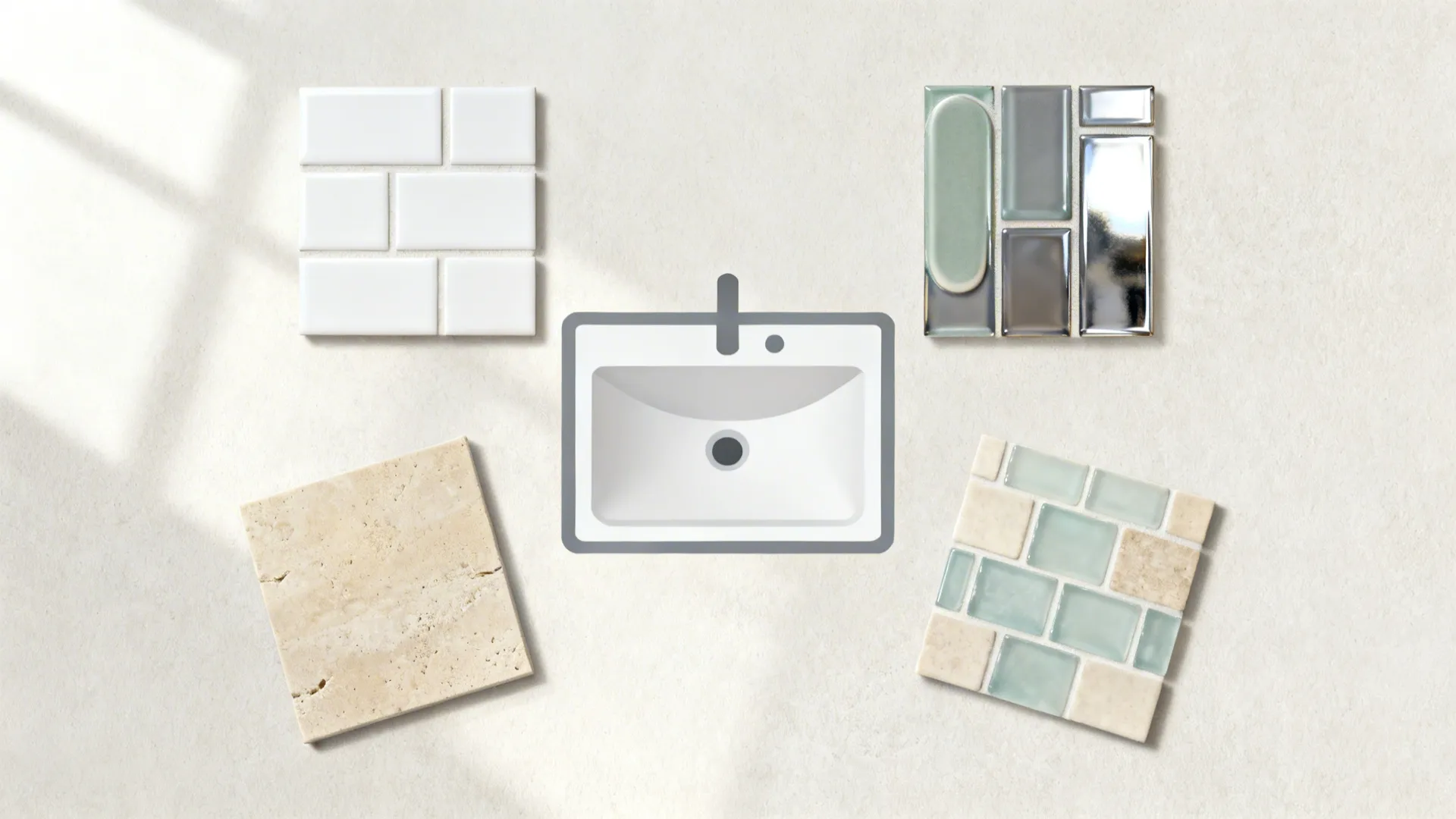 Top-down collage of five tile swatches arranged around a small basin plan silhouette.