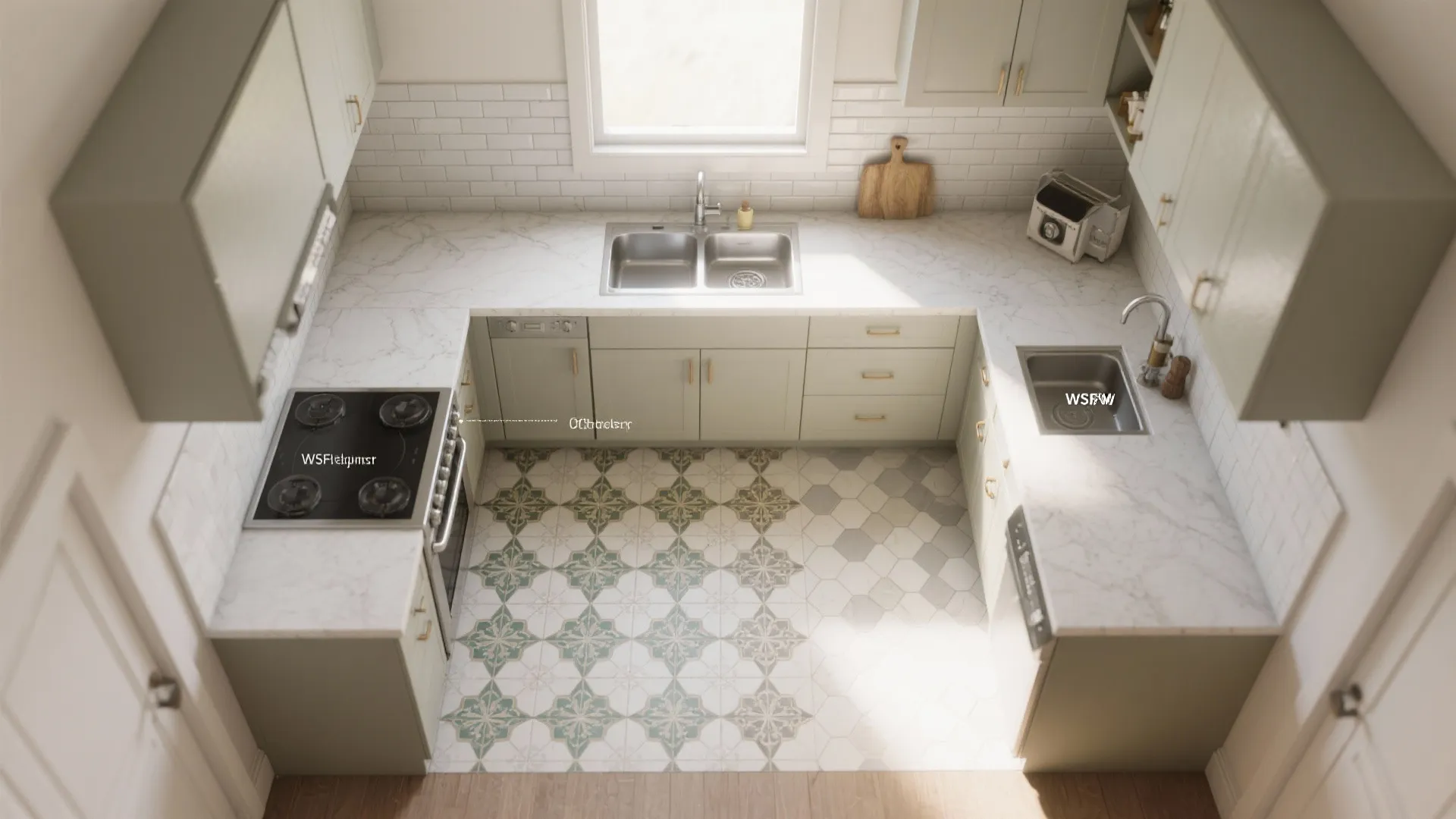 Top view of U shaped kitchen layout showing patterned floor tiles white marble countertops and sink