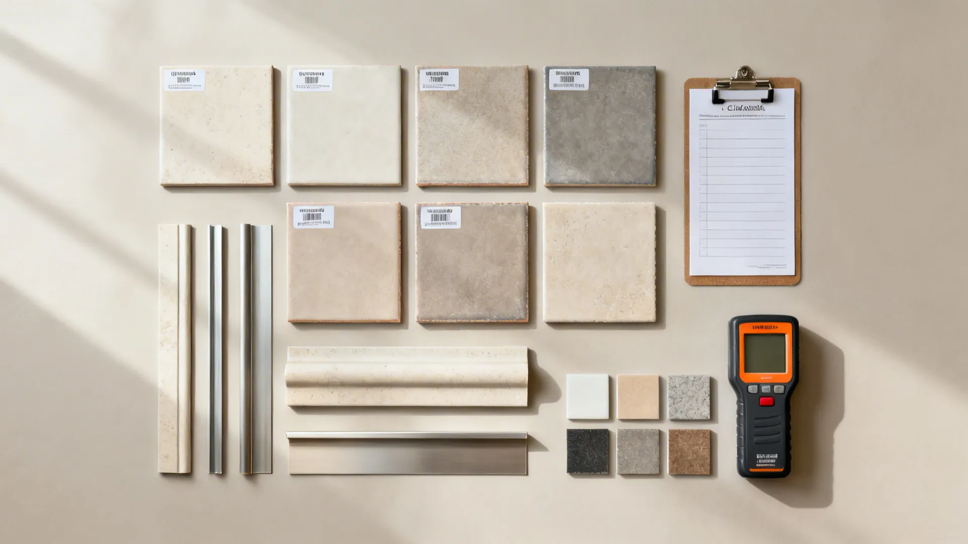 Top-down flat lay of tiles, trims, grout, and tools for a pre-order checklist.