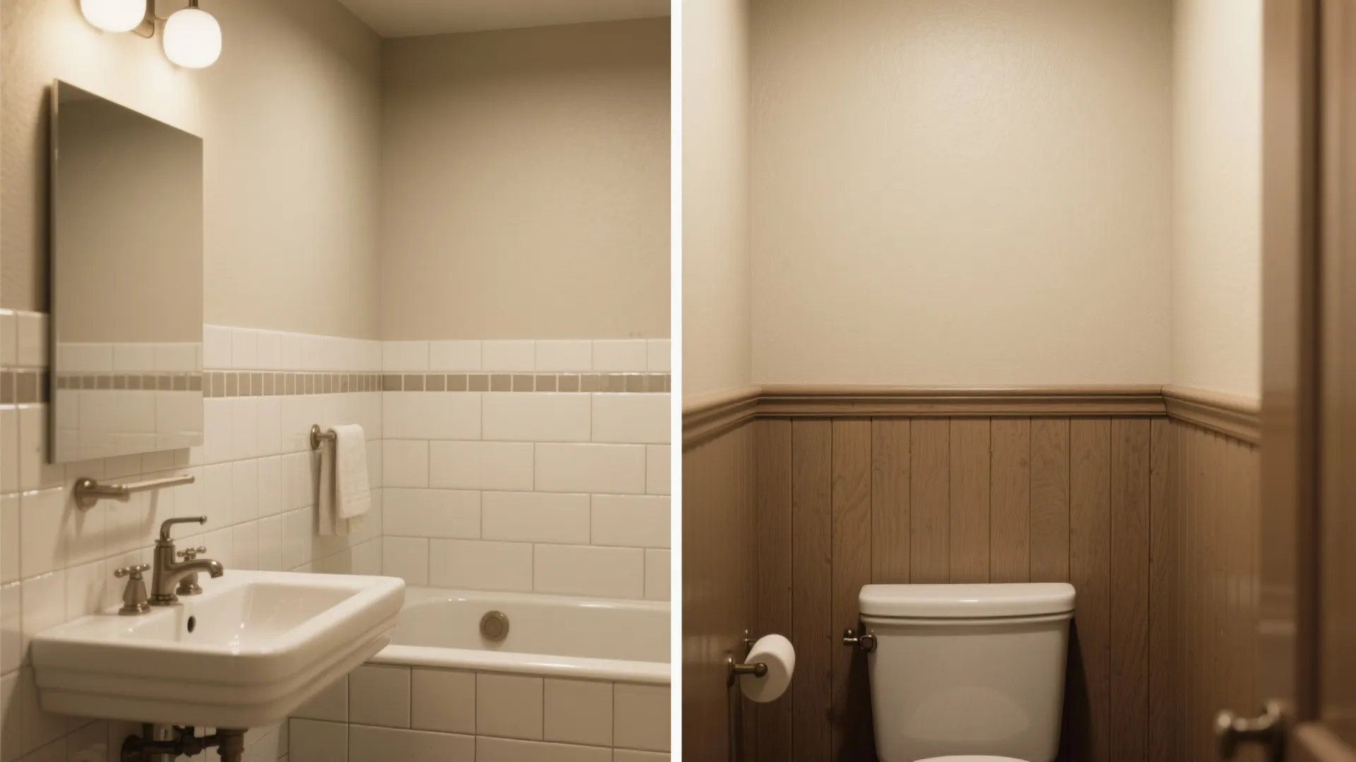 Before and after comparison of bathroom wall with white tiles versus brown wooden wall panel