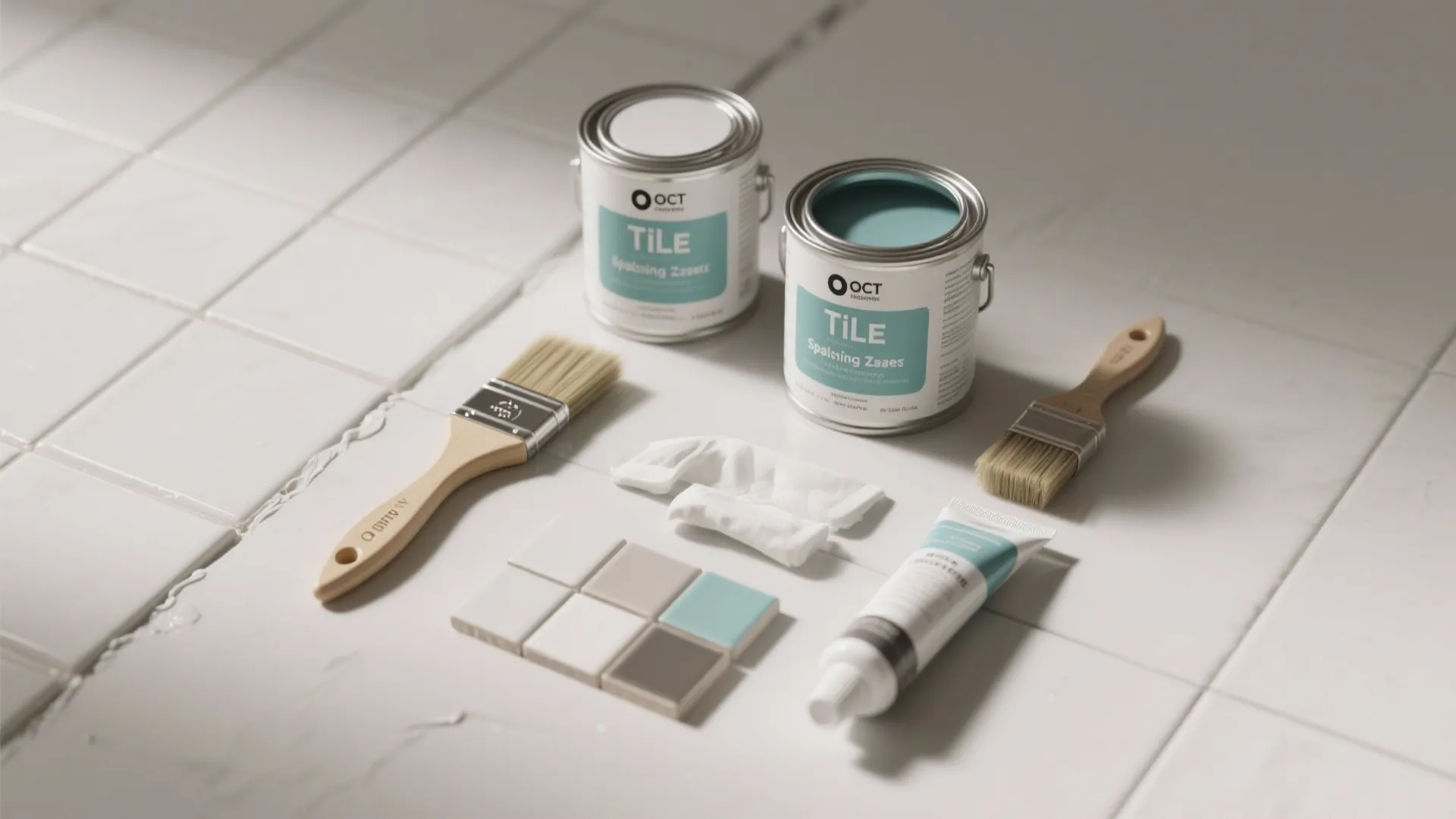 Tile paint kit with two blue paint cans brushes and color samples on white floor
