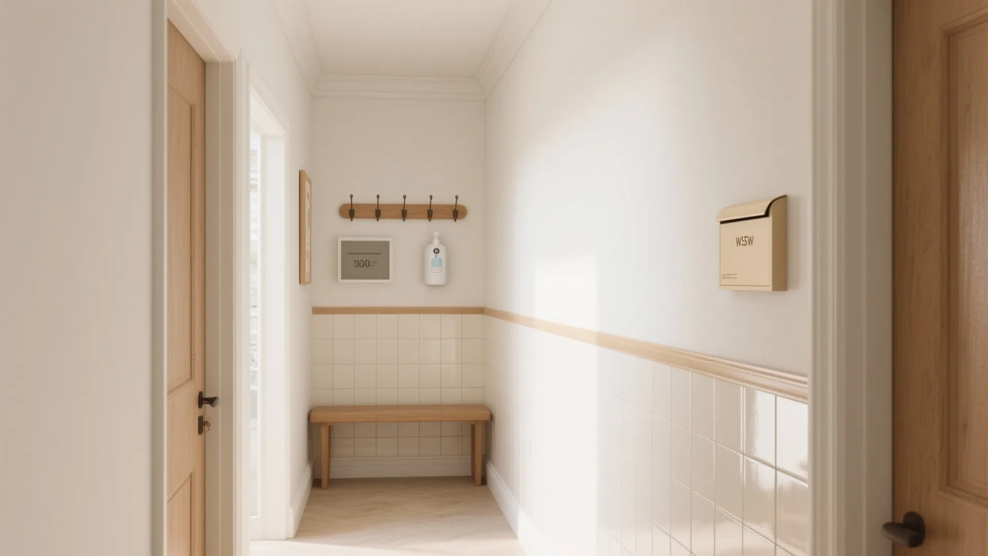 Entryway hallway with wooden bench white wall tiles coat hooks and gold wall mail box