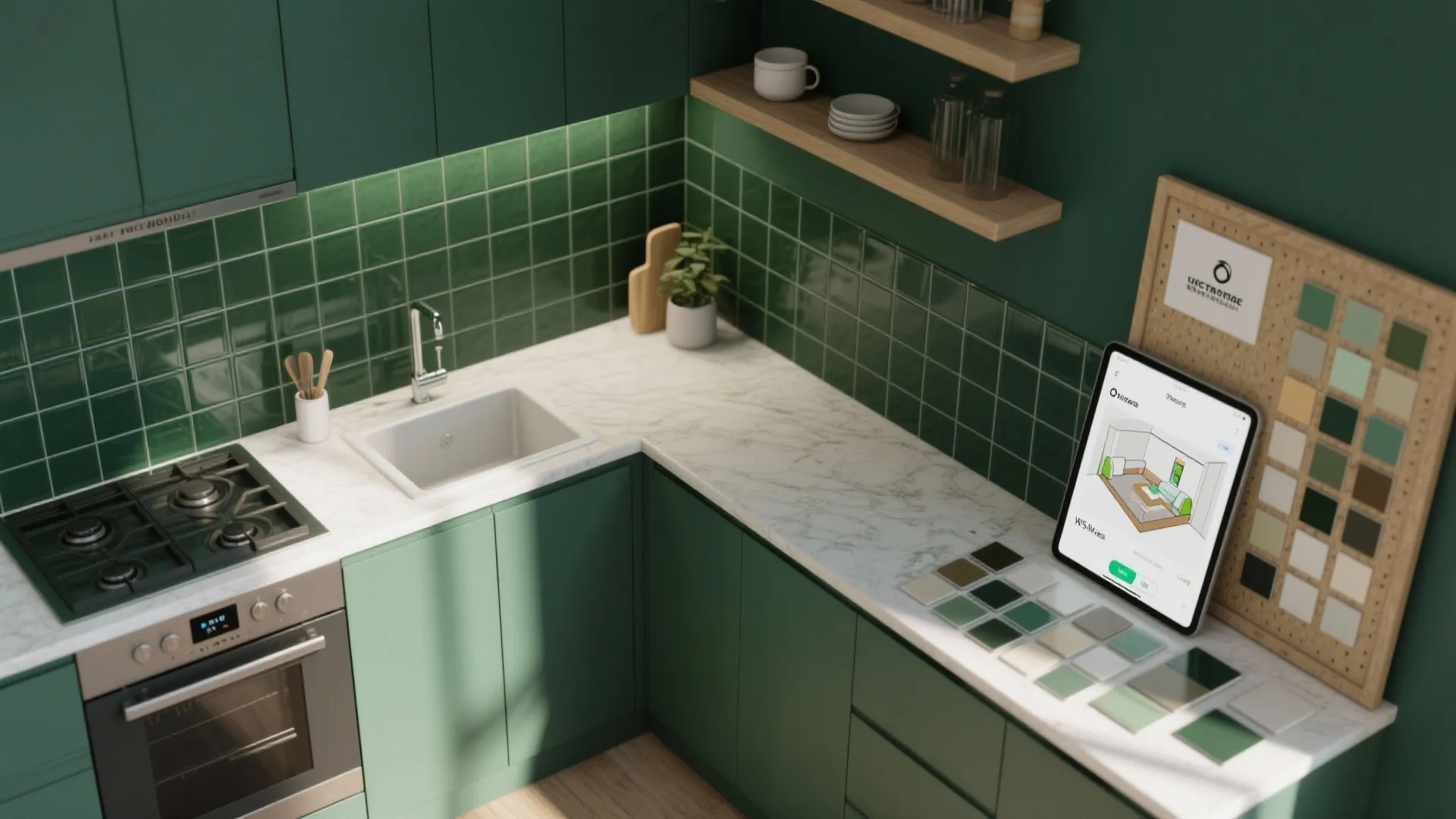 Modern green kitchen with white marble countertop oven sink and tablet showing an interior design
