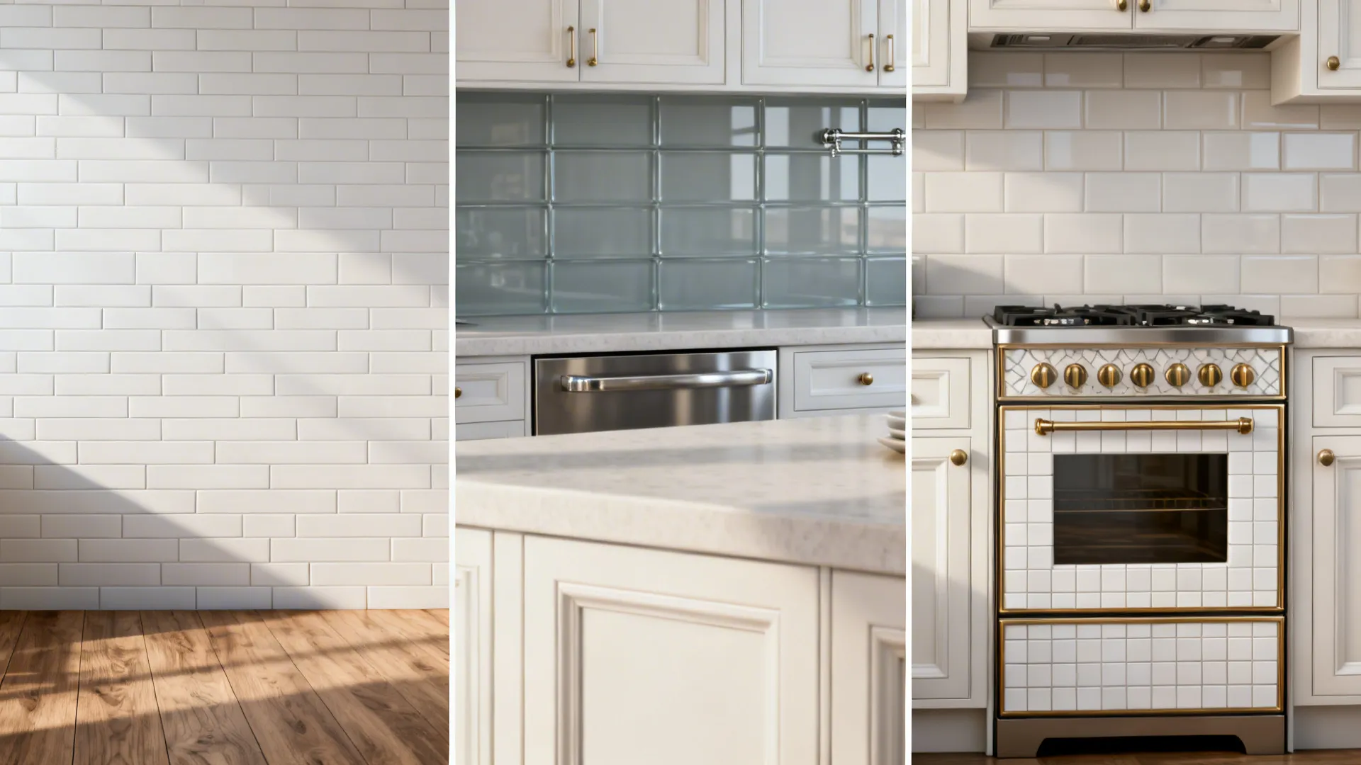 White subway wall tiles, modern kitchen with dishwasher, and white stove with gold handle details