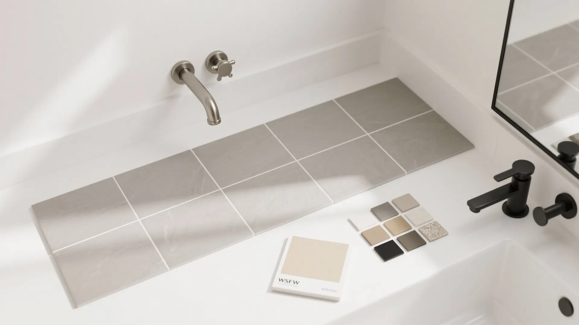 Modern bathroom counter with grey tiles and small color samples next to two different taps