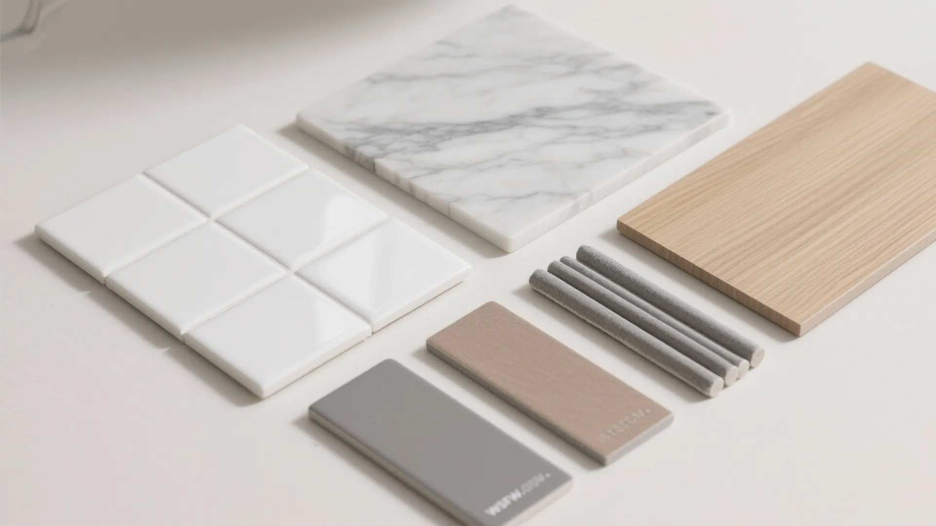 Top-down flatlay of white gloss tile, matte grey porcelain, marble-look porcelain, grey grout samples, and a wood swatch.
