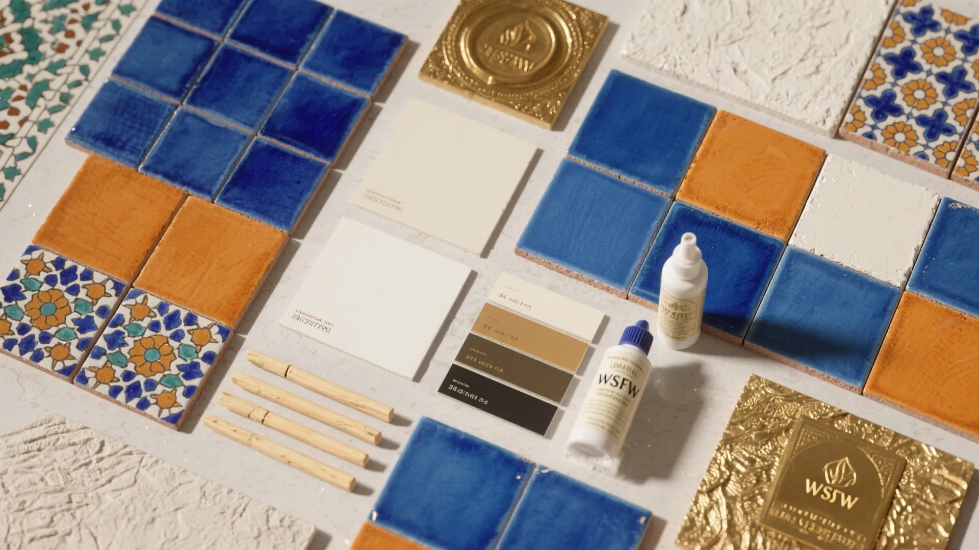 Interior design material board with blue orange tiles color samples and gold decorative square plates