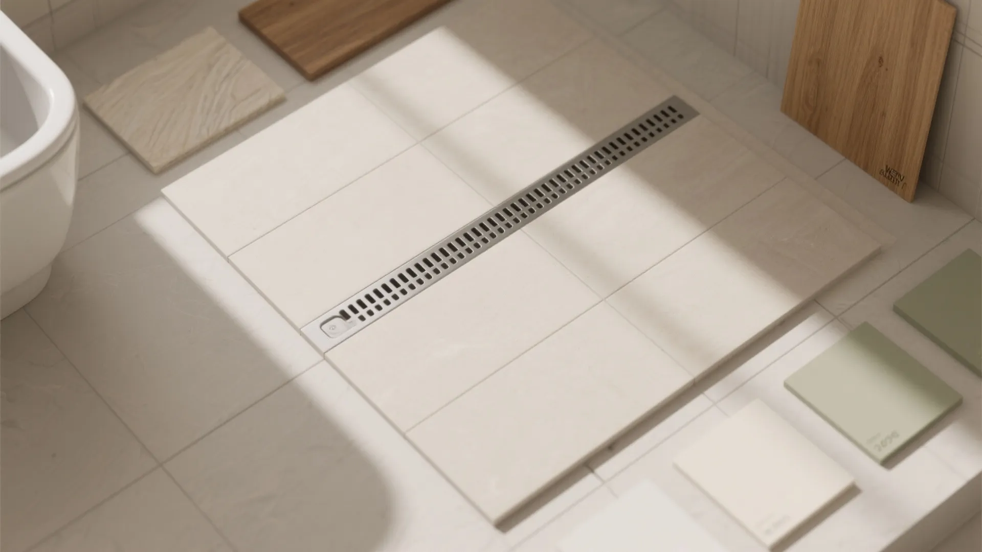Flat lay of cream floor tiles with metal drain surrounded by wood and green color samples