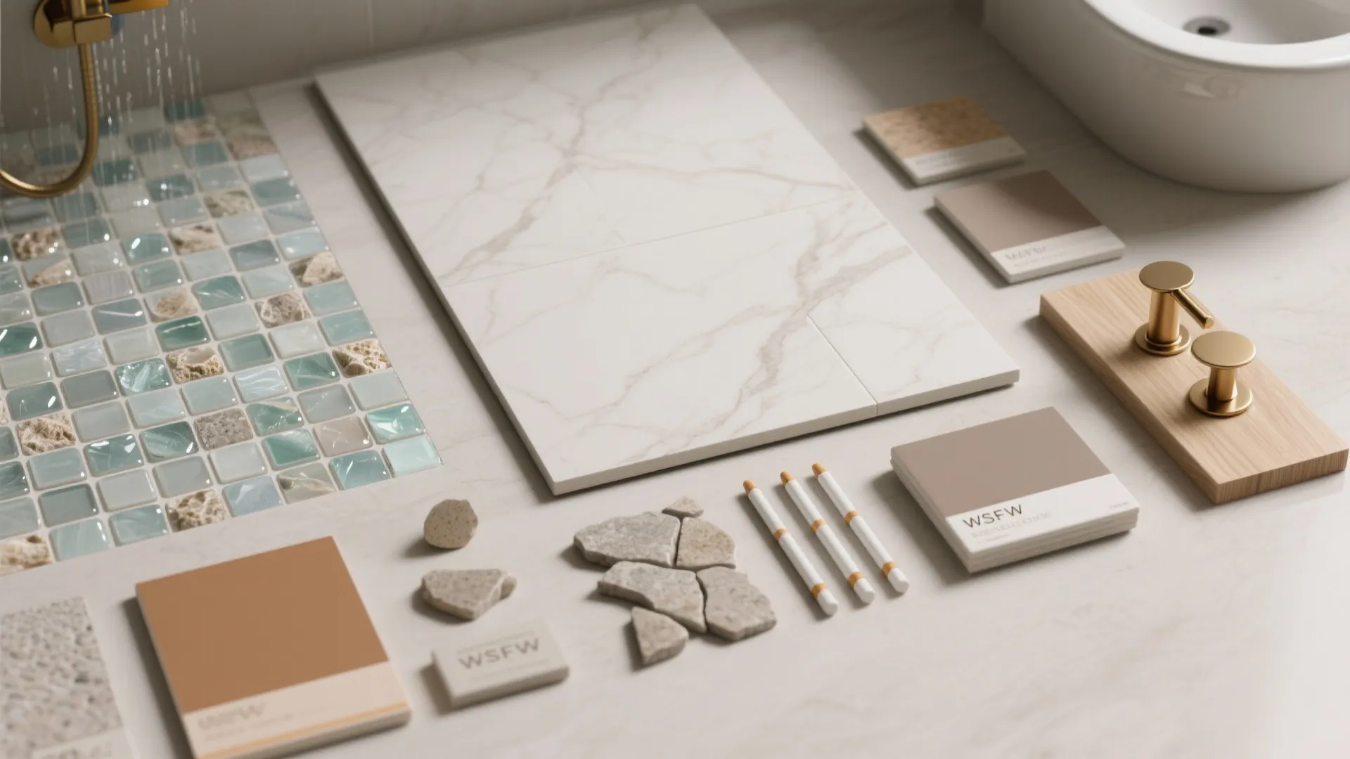 Material board flat lay featuring marble tiles, blue mosaic, wood samples, gold knobs, and stones