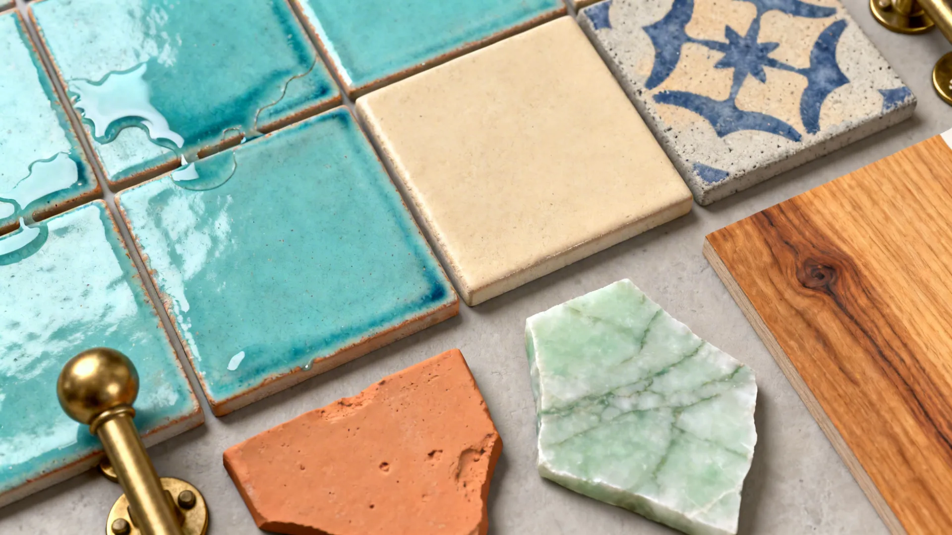 Flat lay of turquoise handmade tiles, biscuit squares, patterned cement, terracotta, quartzite, brass, and wood.