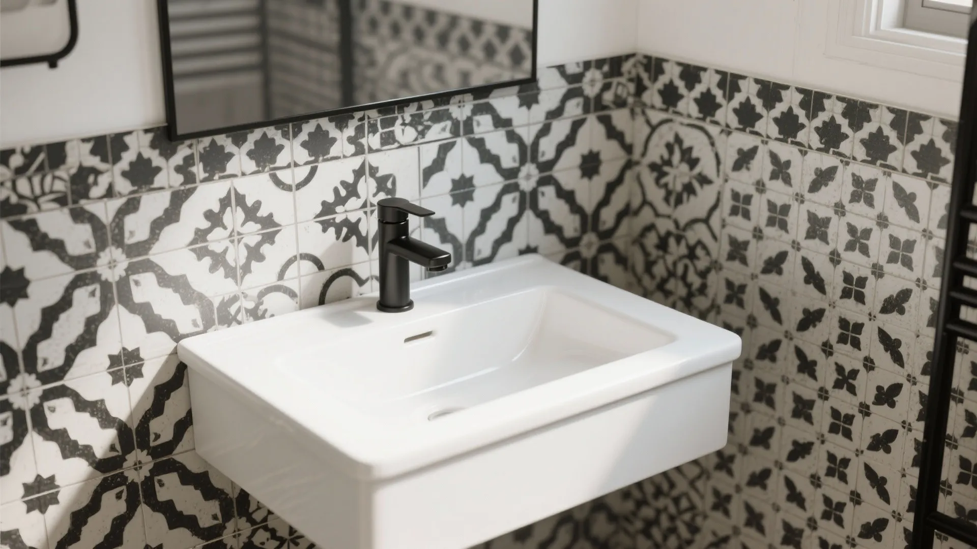 Vanity area with black-and-white encaustic-style wallpaper behind a white sink and matte-black faucet.