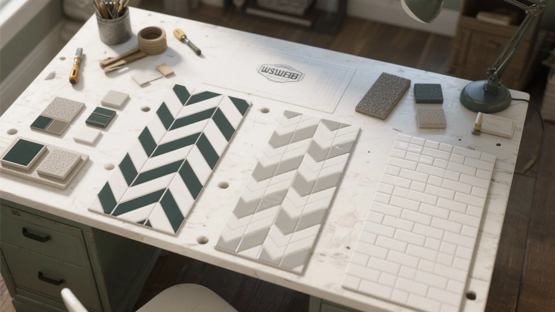 Work desk with green and white tile samples, small stone pieces, tools, and desk lamp