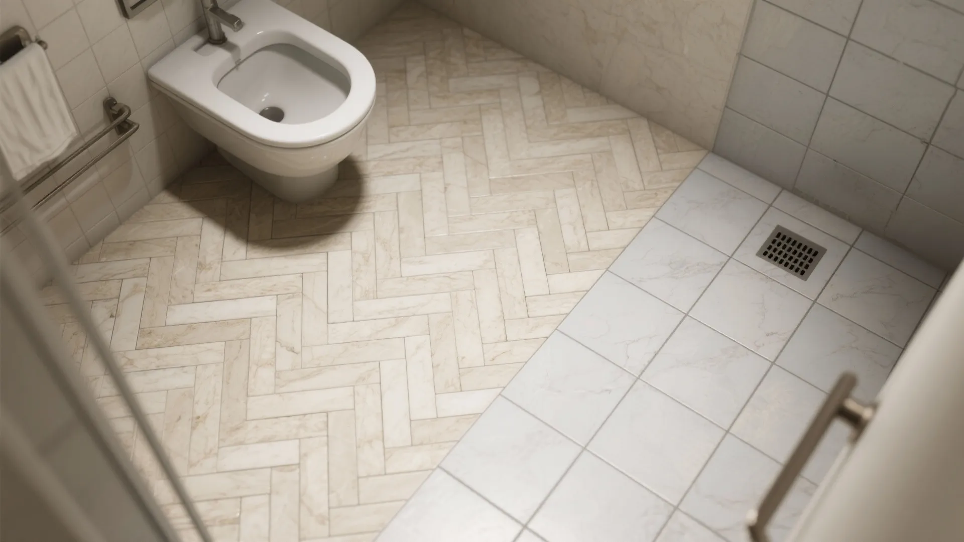 Top view of bathroom floor showing beige herringbone tiles next to white square shower floor