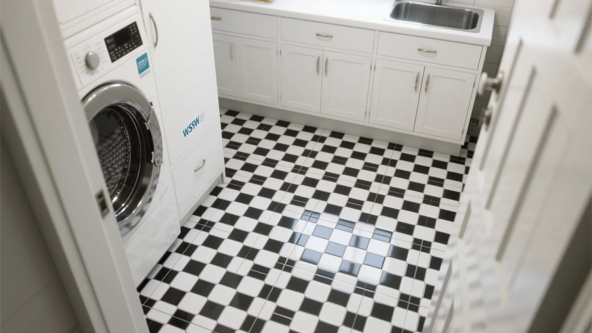 White laundry room with washing machine sink cabinets and a black and white checkered floor