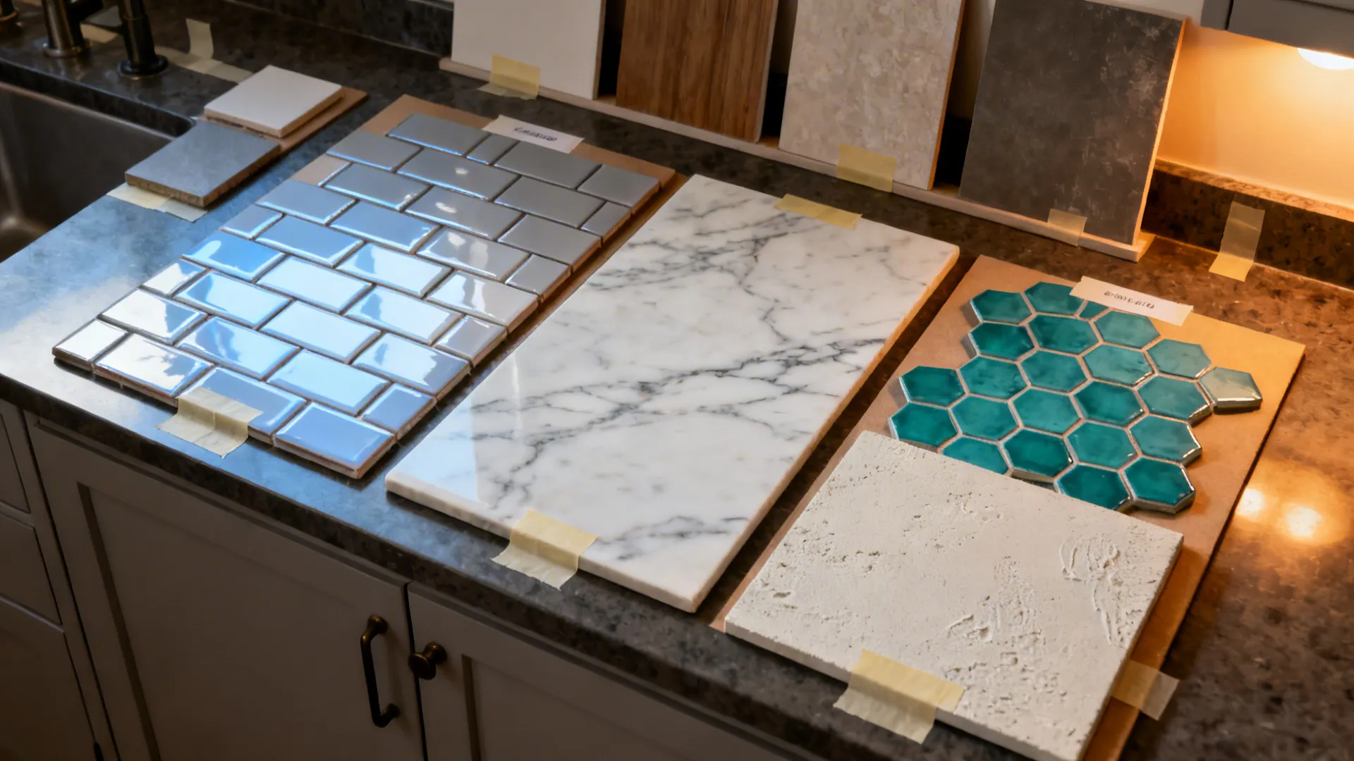 Top-down of tile sample boards with tape-marked heights under varied lighting for photo testing.