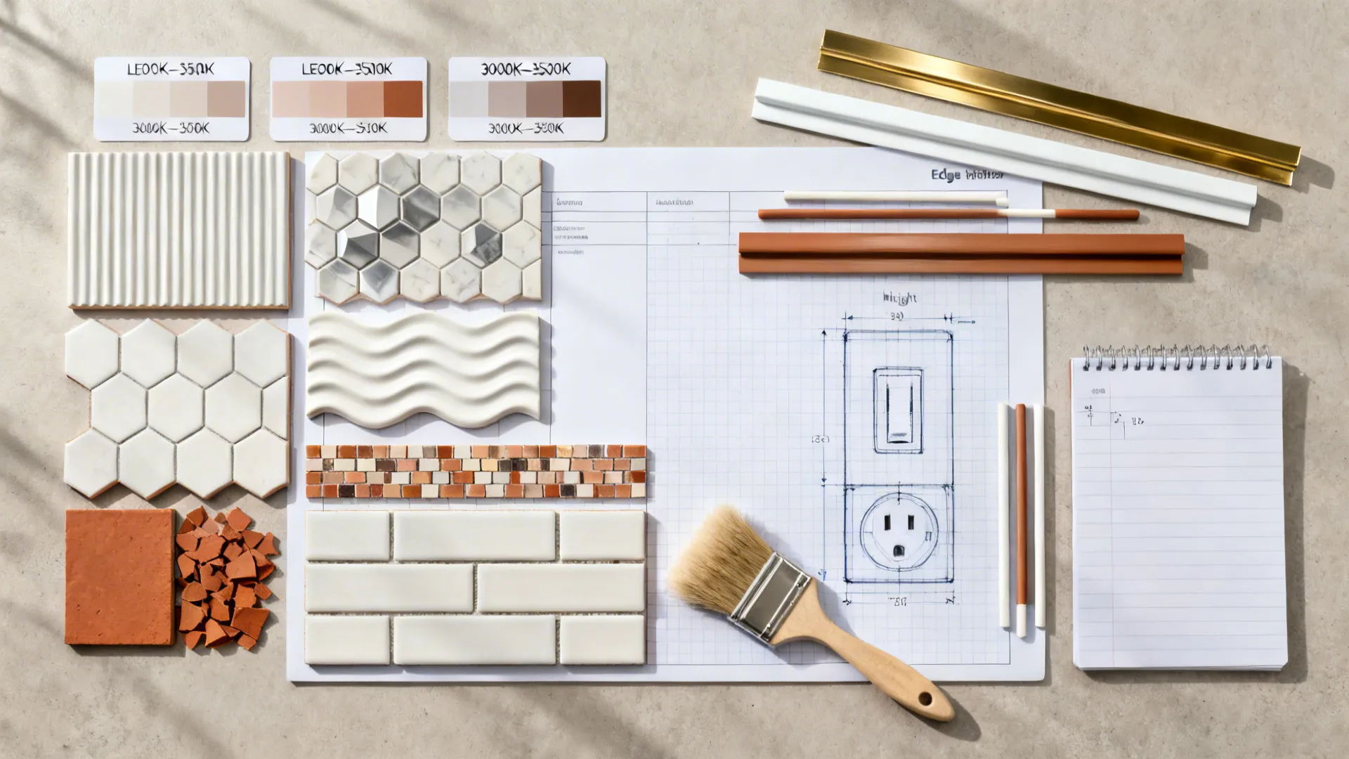 Top-down flatlay of 3D tile samples, trims, grout sticks, and lighting cards.