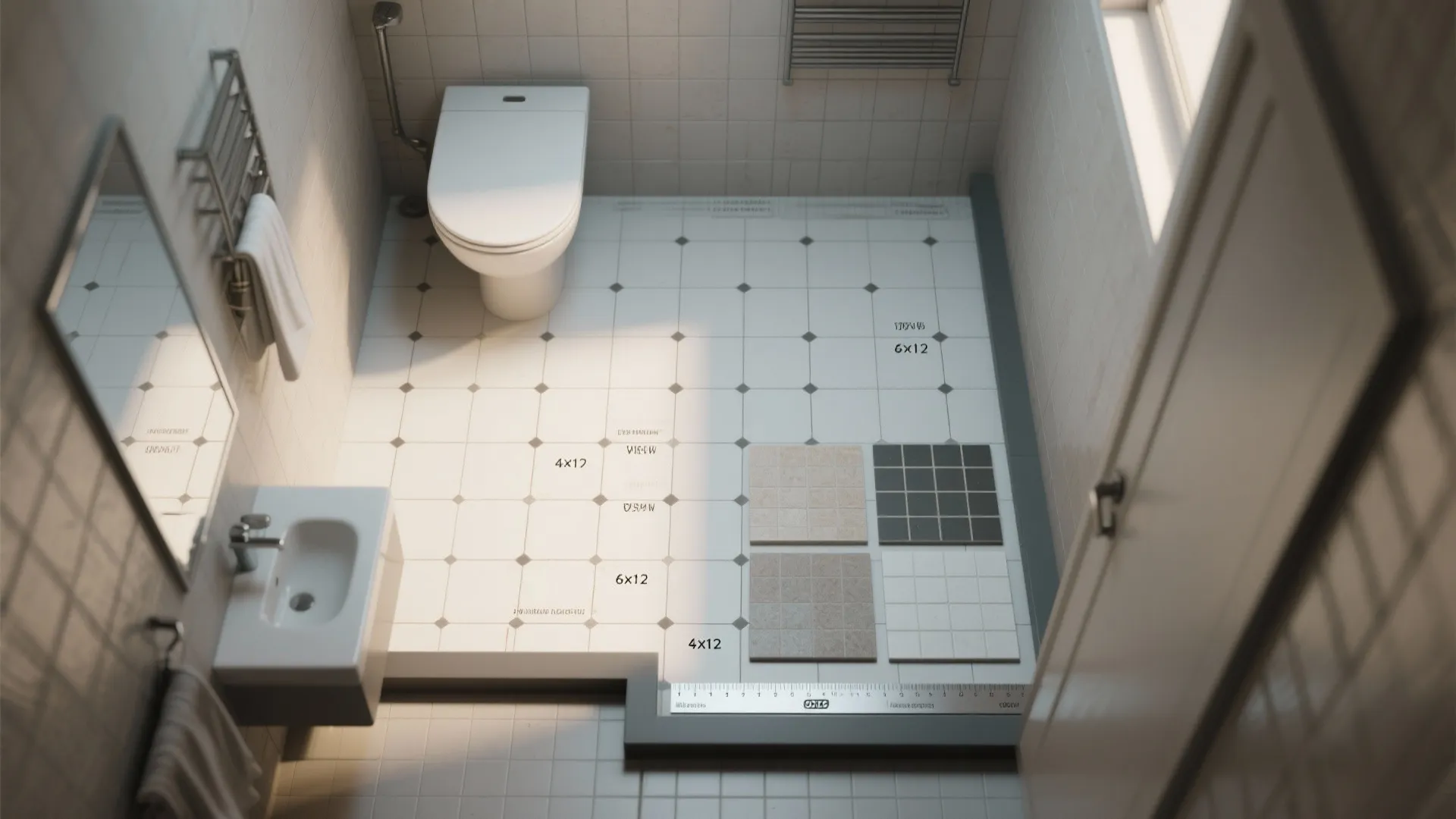 Top-down visual of a small bathroom tile layout showing grout lines and tile size options.