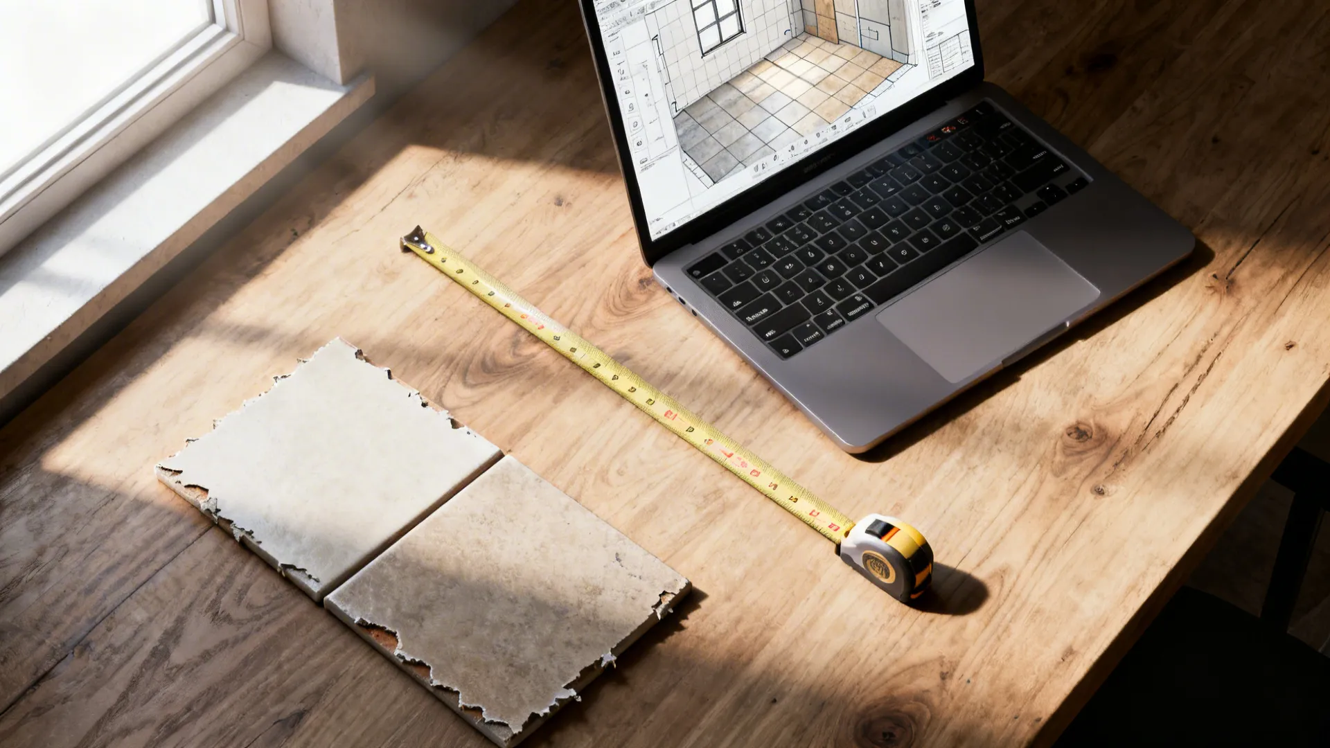 Designer desk with 3D floor planner, tile samples, and measuring tools