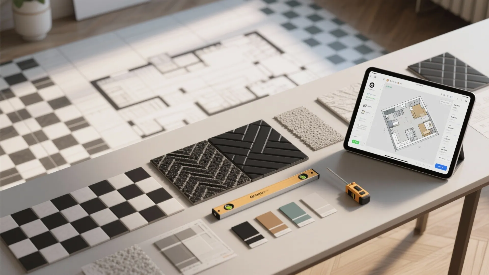 Top-down flatlay of tile samples, grout swatches, a level tool, and a tablet with a 3D floor planner.