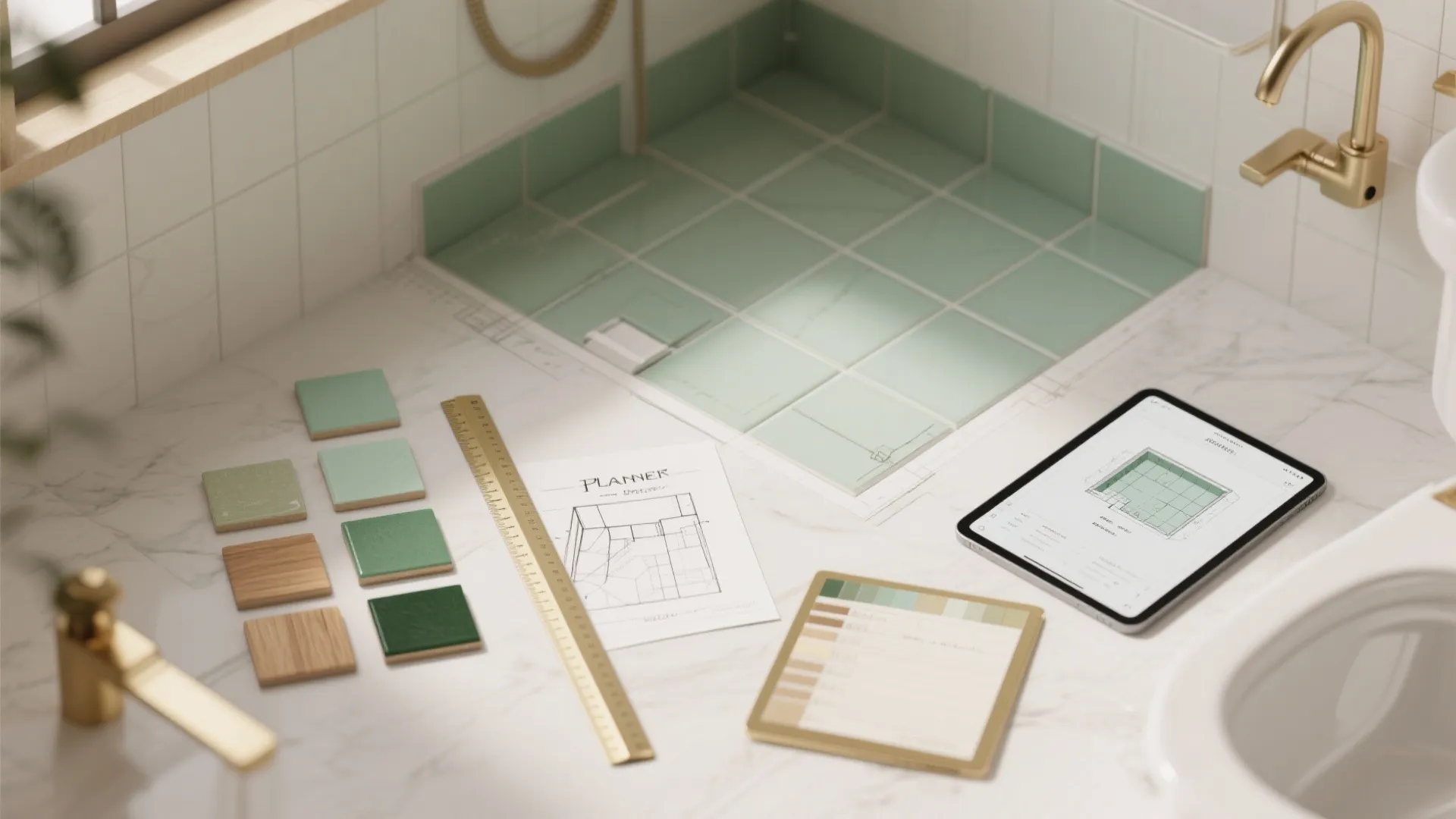 Planner flatlay with tile samples, sketches and a tablet showing a 3D floor planner