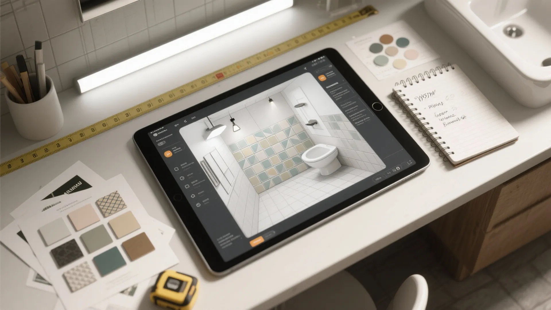 Top-down view of a room planner mockup with tile samples, showing layout and lighting notes for a small bathroom.