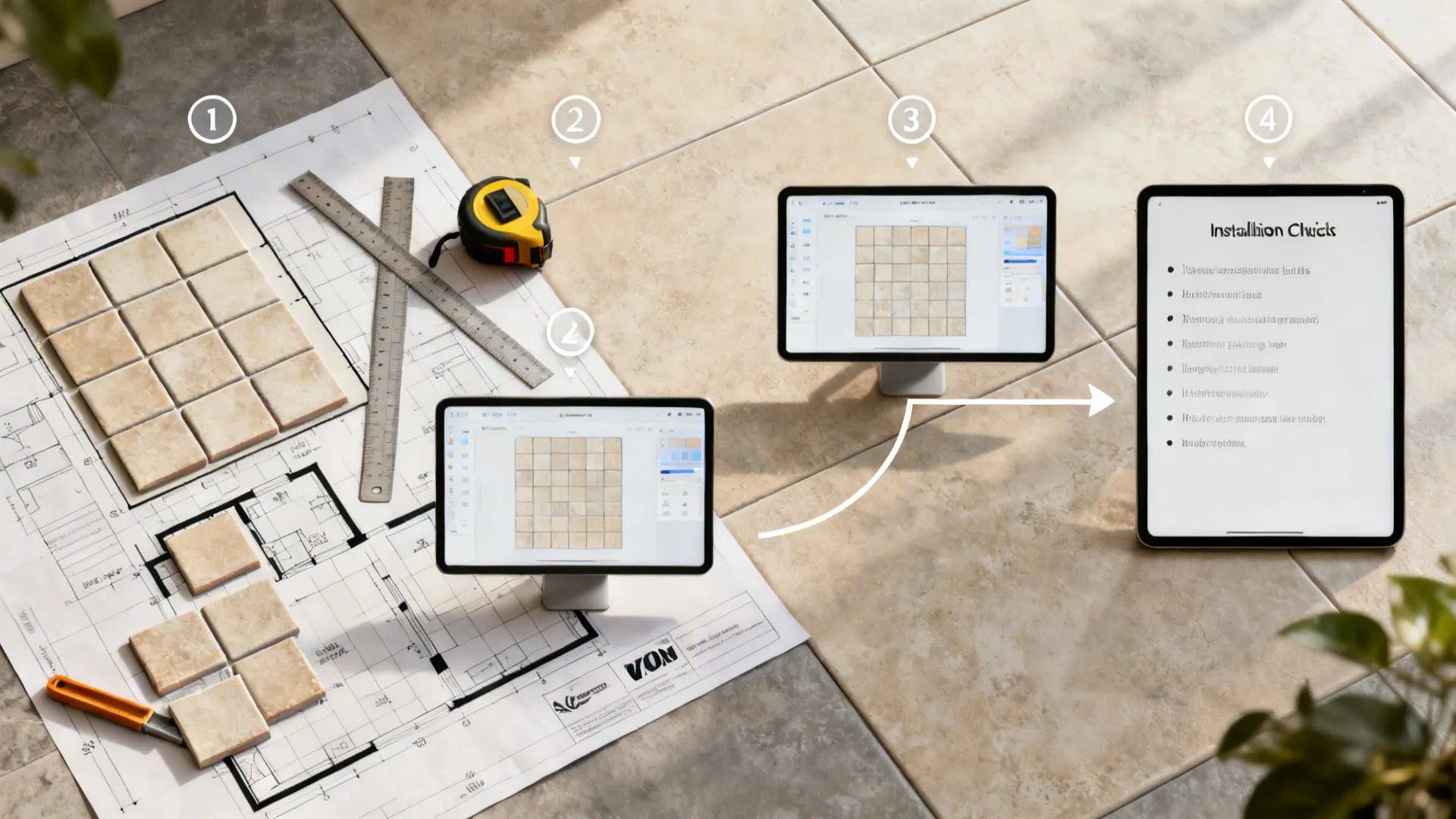 Top-down diagram of steps to test tile layouts with a room planner and samples