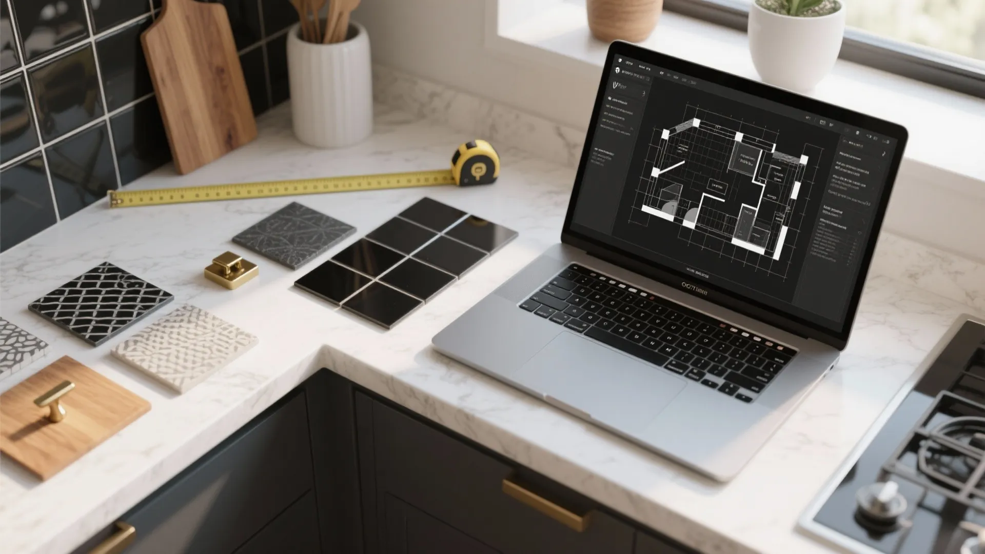 Laptop showing floor plan layout next to tile samples and tape measure on white counter