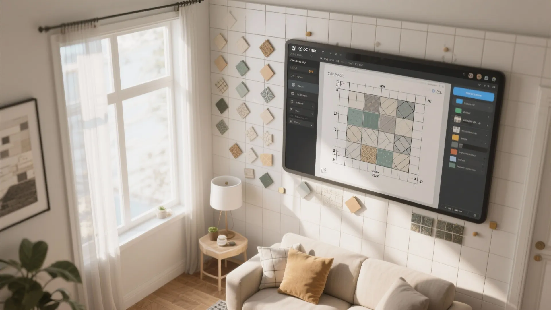 Coohom design tool showing a tile planning board with various square samples on a white wall