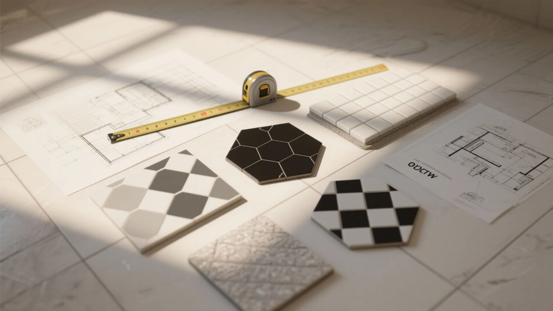 Flatlay of tile samples, grout swatches, measuring tape and floor plan sketches for bathroom planning.