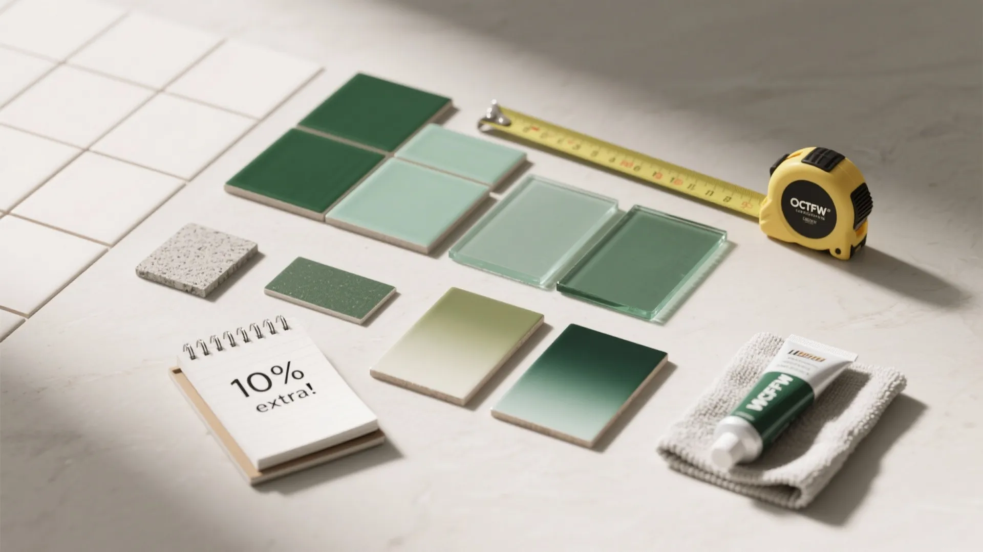 Flatlay of tile samples, tape measure, grout cards, sealant and a note about ordering 10% extra